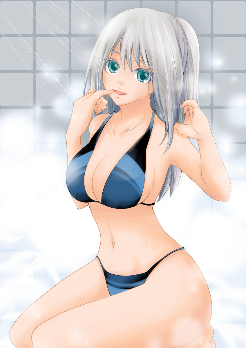 ichima a, silver hair, highres, bikini, blue bikini, green eyes, kneeling, long hair, showering, solo, steam, swimsuit, wet