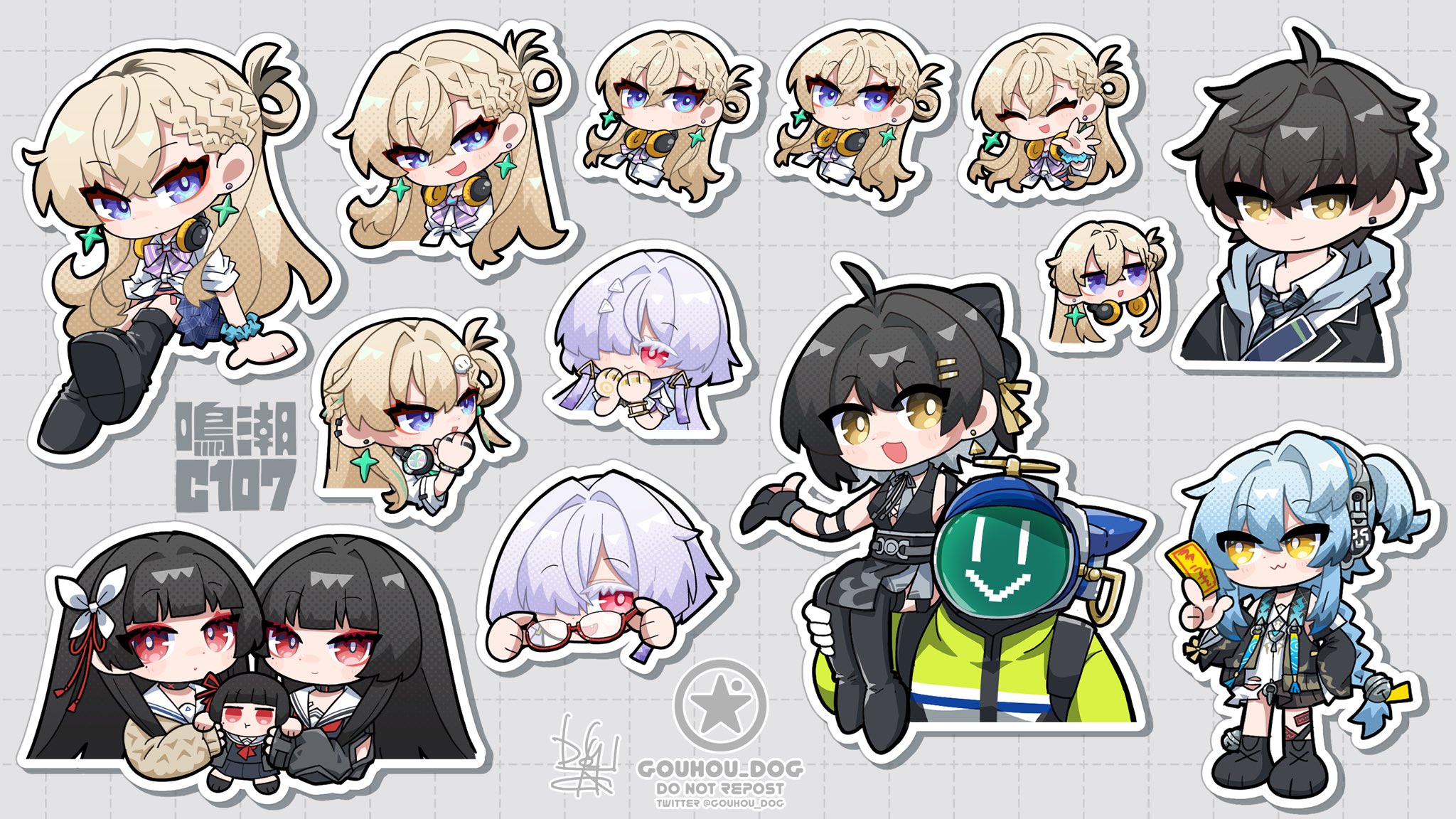 dog-san, buling (wuthering waves), chisa (wuthering waves), female rover (wuthering waves), lynae (wuthering waves), male rover (wuthering waves), mornye (wuthering waves), rover (wuthering waves), comiket 107, wuthering waves, commentary request, highres, 1boy, 6+girls, :3, black hair, black jacket, black shoes, blonde hair, blue eyes, blue hair, bow, bowtie, carrying, character doll, closed mouth, colored eyelashes, doll, dress, dual persona, earrings, grey hair, hair between eyes, hair ornament, hair over one eye, hair ribbon, hands up, headphones, headphones around neck, holding, holding doll, holding ofuda, jacket, jewelry, long hair, looking at viewer, multiple girls, official alternate costume, ofuda, open mouth, purple bow, purple bowtie, red eyes, red ribbon, ribbon, s.i.g.m.a. (wuthering waves), sailor collar, shirt, shoes, shoulder carry, side ponytail, smile, star (symbol), star earrings, triangle earrings, waving, white dress, white sailor collar, white shirt, yellow eyes