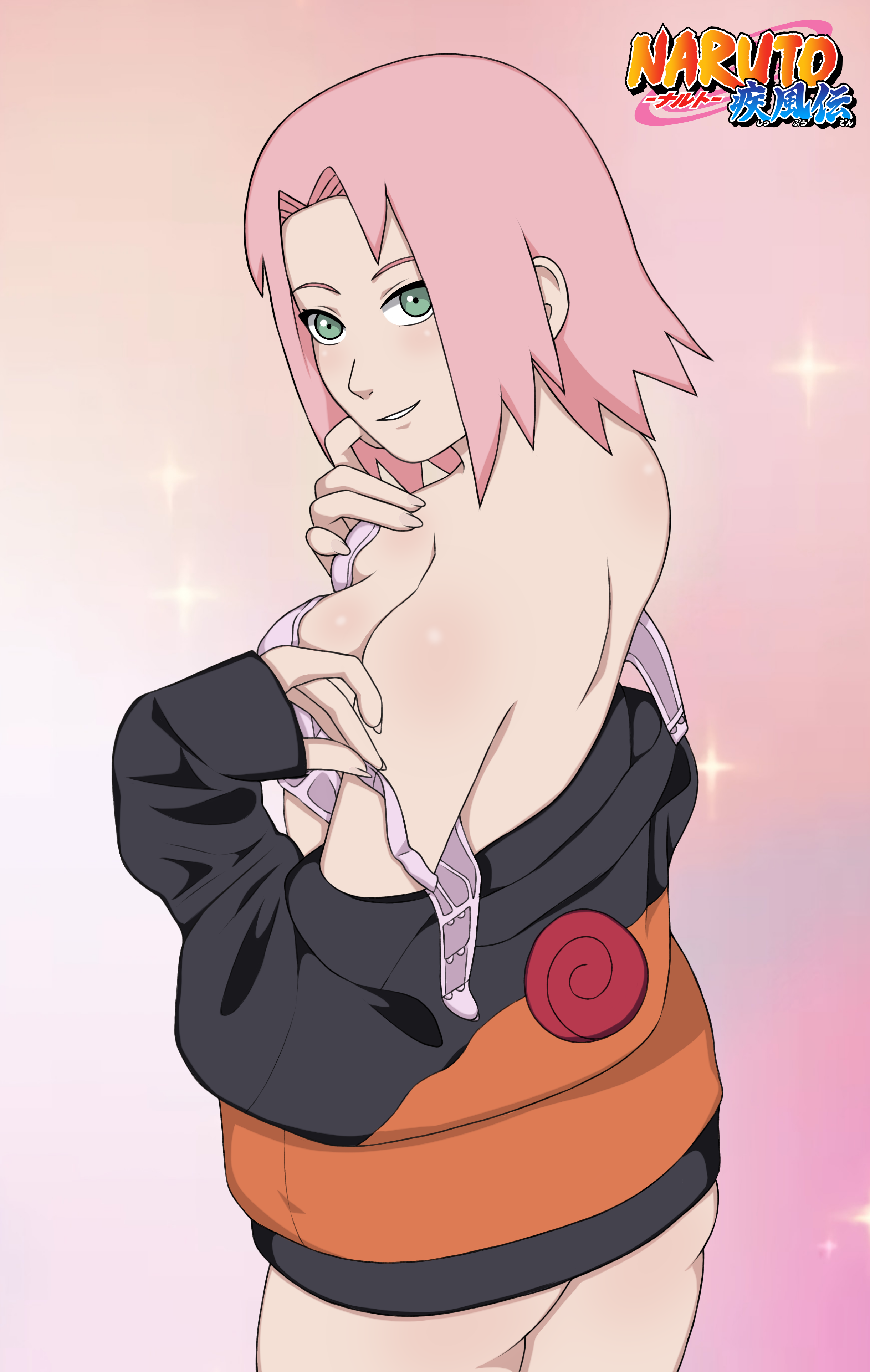 haruno sakura, naruto (series), naruto shippuuden, highres, 1girl, bra, breasts, green eyes, pink hair, short hair, solo, underwear