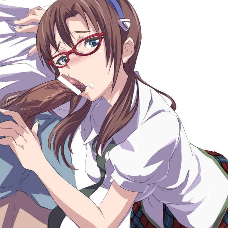 akira (coffee curry), makinami mari illustrious, neon genesis evangelion, rebuild of evangelion, 00s, 1girl, blue eyes, brown hair, censored, checkered clothes, checkered skirt, cum, cum in mouth, cum on body, dark-skinned male, dark penis, dark skin, facial, fellatio, glasses, interracial, necktie, oral, penis, pointless censoring, skirt, solo focus