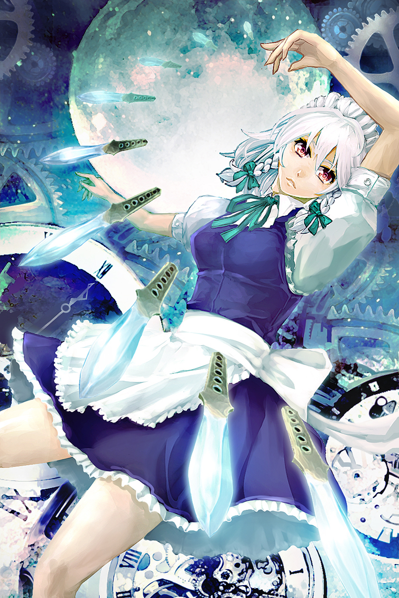 kibamigohann, izayoi sakuya, embodiment of scarlet devil, touhou, silver hair, bad id, bad pixiv id, highres, 1girl, braid, female focus, full moon, gears, hairband, knife, maid, moon, red eyes, ribbon, short hair, solo, throwing knife, twin braids, weapon