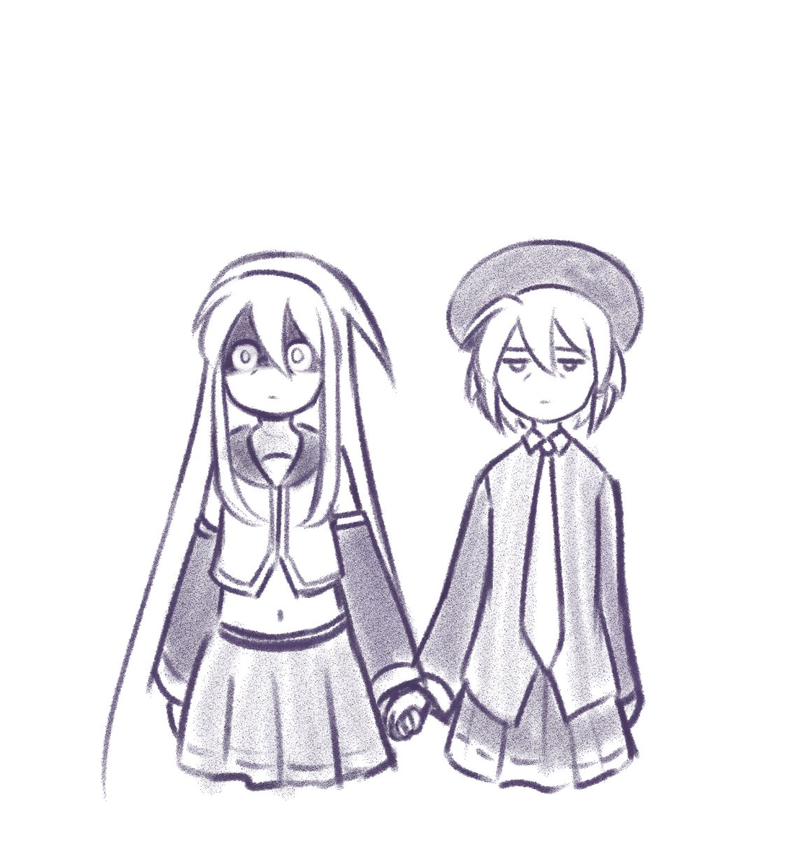 chanpotei, sukone tei, utane uta, utau, commentary, english commentary, highres, 2girls, absurdly long hair, bags under eyes, beret, detached sleeves, expressionless, greyscale, hat, holding hands, long hair, miniskirt, monochrome, multiple girls, short hair, skirt, very long hair, yandere