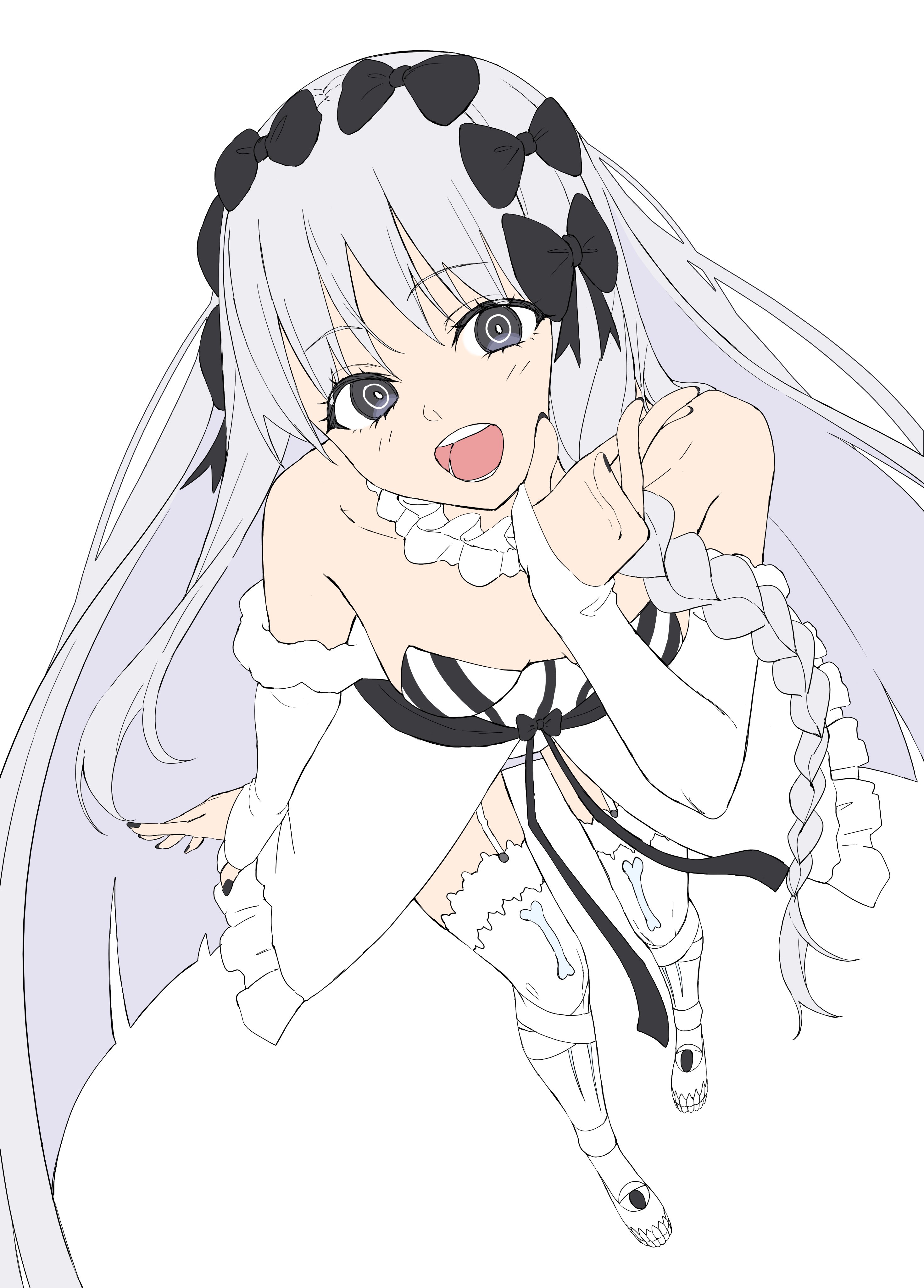 kaze 22, francesca prelati (fate), fate/strange fake, fate (series), absurdres, commentary request, highres, korean commentary, 1girl, black eyes, black nails, blush, bow, braid, collar, frilled collar, frills, from above, full body, garter straps, hair bow, long hair, looking at viewer, open mouth, ringed eyes, simple background, smile, solo, striped clothes, thighhighs, white background, white hair