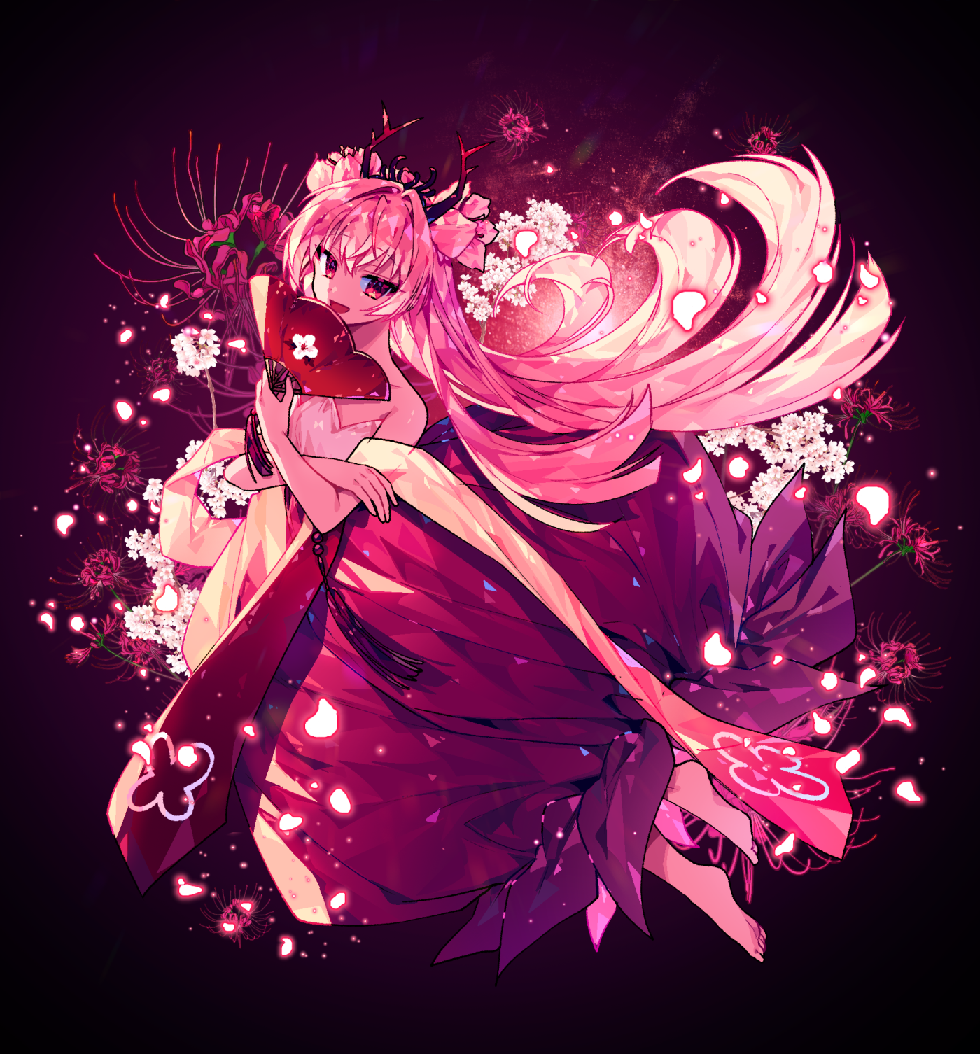 buchu14569590, cherry blossom cookie, cherry blossom cookie (red equinox), cookie run, cookie run: ovenbreak, commentary, highres, symbol-only commentary, 1girl, :d, bare arms, bare shoulders, barefoot, black background, black tiara, collarbone, crossed arms, double bun, falling petals, floating, floating hair, floral background, flower, from above, full body, hair bun, hand fan, hand up, holding, holding fan, humanization, long hair, long skirt, official alternate costume, official alternate hairstyle, open mouth, petals, pink eyes, pink flower, pink hair, pink skirt, shirt, simple background, skirt, smile, soles, solo, spider lily, strapless, strapless shirt, tassel, tiara, toes, tsurime, very long hair, white flower, white petals, white shirt