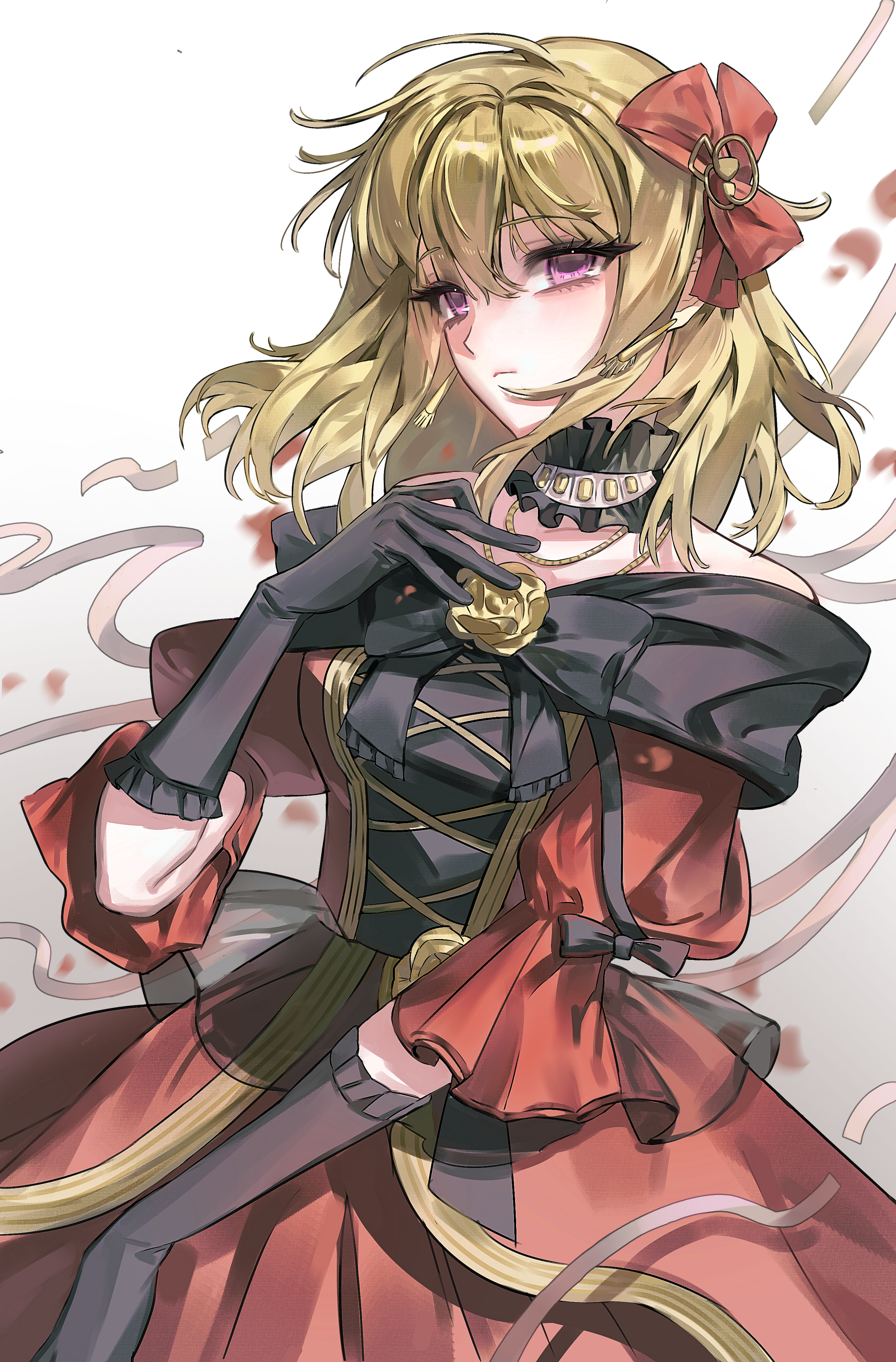 misumi uika, bang dream!, bang dream! it's mygo!!!!!, absurdres, artist request, chinese commentary, commentary request, commission, highres, second-party source, 1girl, black bow, black gloves, blonde hair, bow, choker, cowboy shot, dress, flower, frilled choker, frills, gloves, grey background, hair bow, hand on own chest, hand up, looking at viewer, medium hair, puffy sleeves, purple eyes, red dress, rose, solo, standing, yellow flower, yellow rose