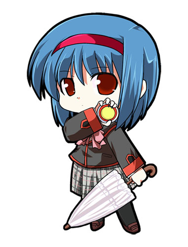 kannazuki yukito, nishizono mio, little busters!, lowres, 1girl, blue hair, brown eyes, chibi, closed umbrella, compact (cosmetics), cosmetics, female focus, full body, hairband, holding, holding compact, plaid clothes, plaid skirt, school uniform, short hair, simple background, skirt, solo, thighhighs, umbrella, white background