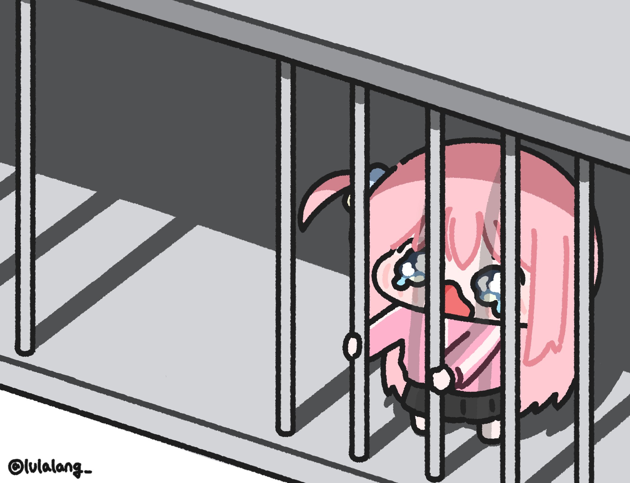 lulalang, gotoh hitori, bocchi the rock!, commentary, english commentary, highres, 1girl, black skirt, blue eyes, cage, chibi, chibi only, full body, iron bars, jacket, long hair, looking up, one side up, open mouth, pink hair, pink jacket, sad, skirt, solo, tearing up, twitter username