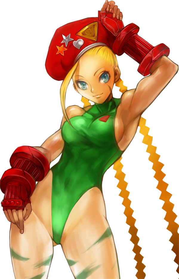 moreshan, cammy white, capcom, street fighter, 1girl, armpits, beret, blonde hair, blue eyes, braid, female focus, fingerless gloves, gloves, hat, heart, highleg, highleg leotard, leotard, long hair, scar, solo, star (symbol), twin braids