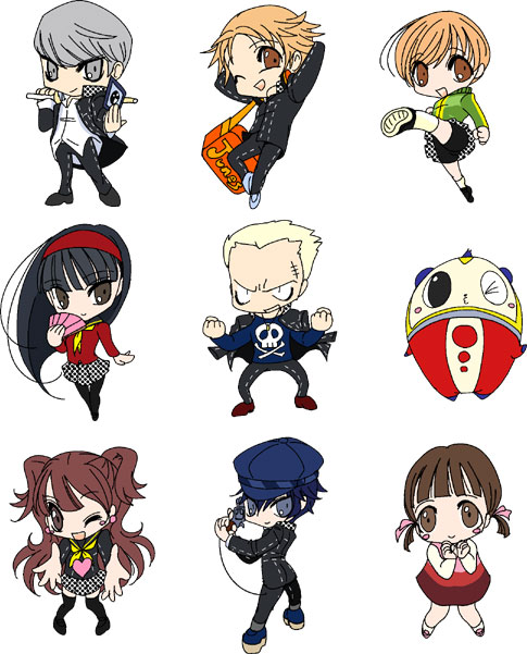 sakurasawa yukino, amagi yukiko, doujima nanako, hanamura yousuke, kujikawa rise, kuma (persona 4), narukami yu, satonaka chie, shirogane naoto, tatsumi kanji, atlus, persona, persona 4, 3boys, 4girls, black hair, blue eyes, blue hair, brown eyes, chibi, grey hair, hand fan, hat, multiple boys, multiple girls, newsboy cap, one eye closed, pantyhose, school uniform, thighhighs, twintails, wink