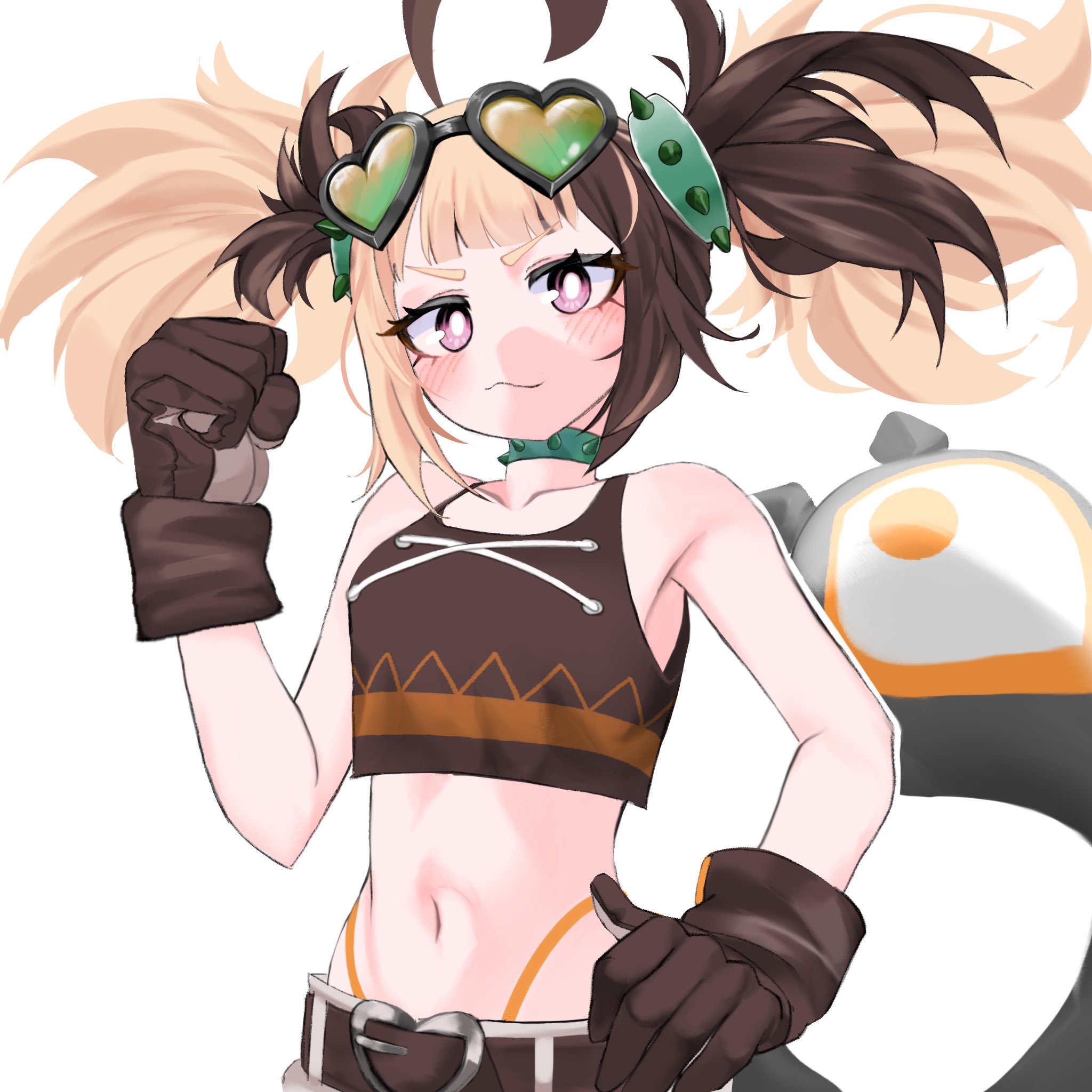 chemauhh, gigi murin, gigi murin (chatacabra), hololive, hololive english, commentary, english commentary, highres, 1girl, ahoge, bare shoulders, belt, black belt, blonde hair, blush, bright pupils, brown gloves, brown hair, brown tank top, buckle, clenched hand, closed mouth, collar, crop top, eyewear on head, gloves, goggles, goggles on head, hand on own hip, hand up, heart, heart-shaped buckle, heart-shaped eyewear, highleg, highleg panties, looking at viewer, midriff, multicolored hair, navel, official alternate costume, orange panties, panties, panty straps, pink eyes, sidelocks, simple background, solo, spiked collar, spikes, string panties, tail, tank top, twintails, two-tone hair, underwear, upper body, v-shaped eyebrows, virtual youtuber, white background, white pupils
