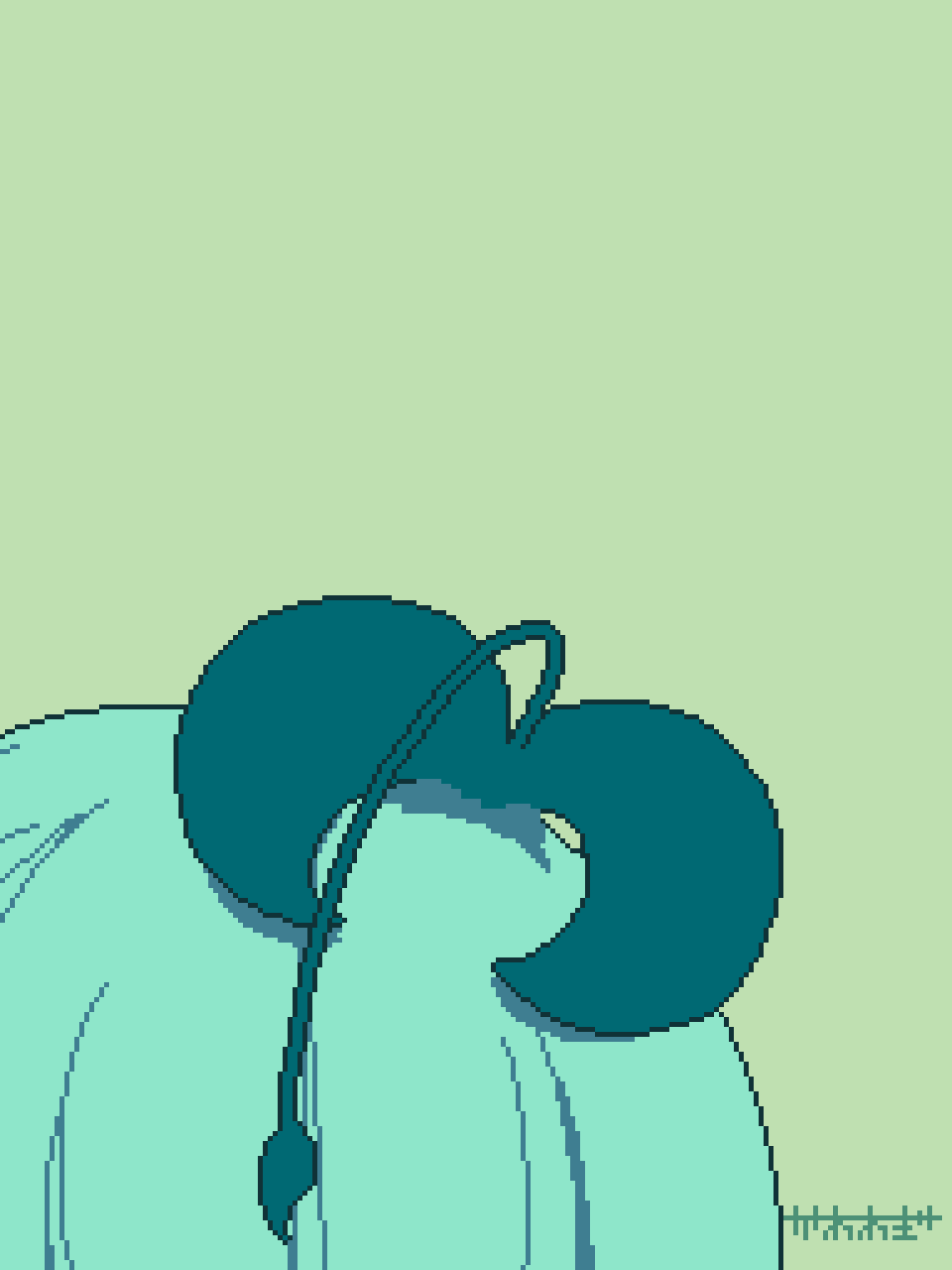 kawawagi, original, animated, animated gif, commentary, highres, 1girl, arms up, blinking, blunt bangs, colored inner hair, dancing, drawstring, expressionless, green background, green eyes, green hair, green hoodie, hood, hoodie, jitome, multicolored hair, orange hair, oversized clothes, pixel art, plant on head, shoes, sleeves past fingers, sleeves past wrists, solo