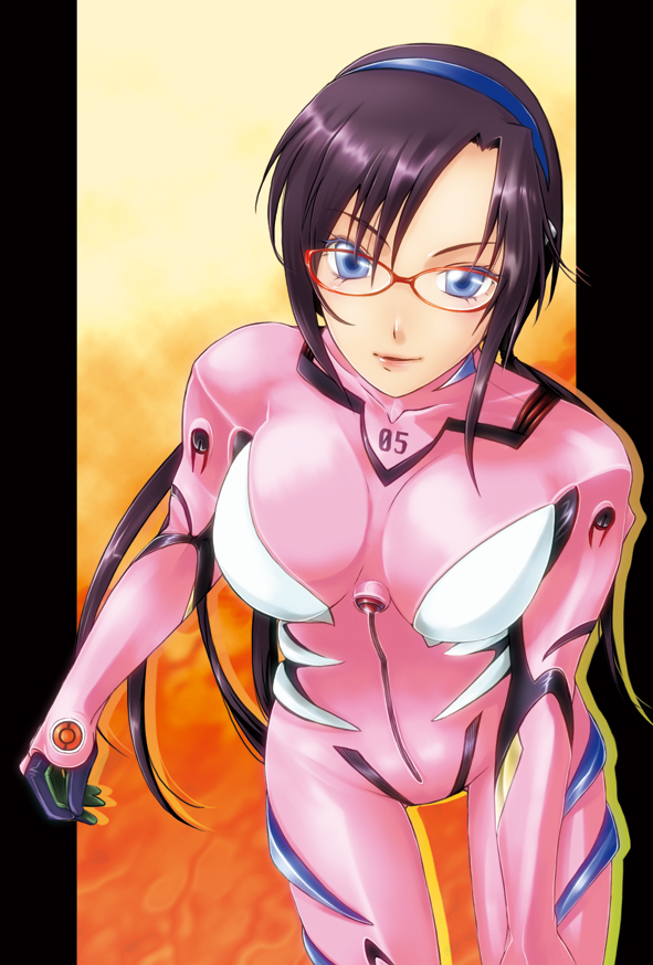 koga nao, makinami mari illustrious, evangelion: 2.0 you can (not) advance, neon genesis evangelion, rebuild of evangelion, bad id, bad pixiv id, 00s, 1girl, blue eyes, breasts, brown hair, collarbone, cropped legs, female focus, glasses, hairband, leaning forward, long hair, looking at viewer, mecha pilot suit, plugsuit (evangelion), red-framed eyewear, solo