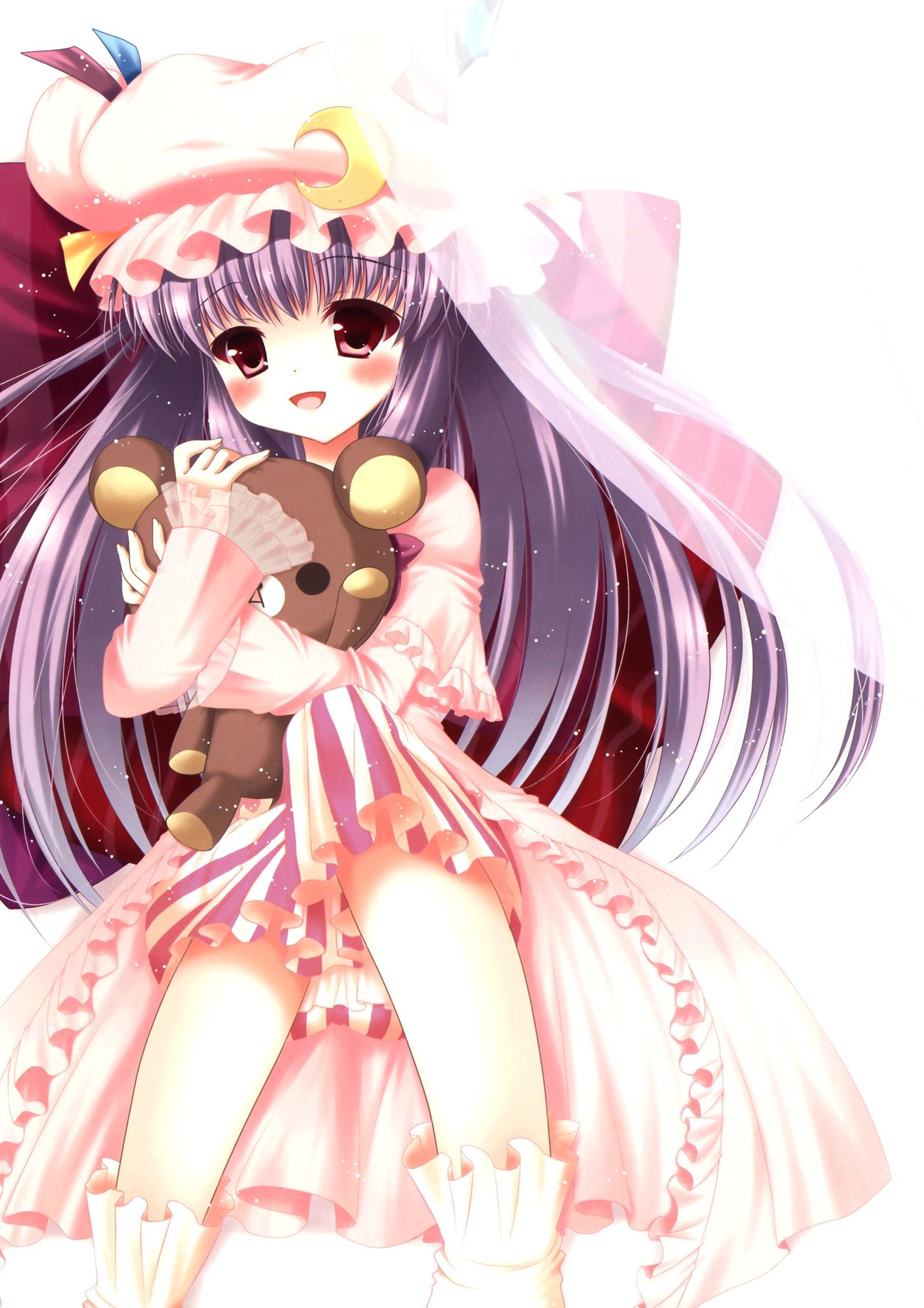 futaba miwa, patchouli knowledge, touhou, highres, 1girl, female focus, hat, purple hair, ribbon, sitting, solo