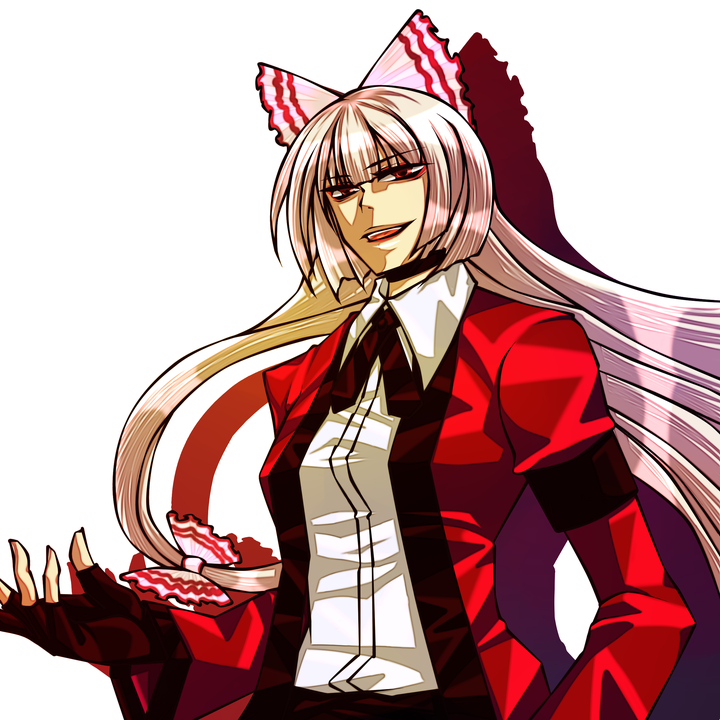 discharge cycle, tobi (discharge cycle), fujiwara no mokou, rugal bernstein, m.u.g.e.n, snk, the king of fighters, touhou, 1girl, cosplay, female focus, fingerless gloves, gloves, hair ribbon, jacket, long hair, multicolored hair, necktie, parody, red eyes, ribbon, rugal bernstein (cosplay), shadow, solo
