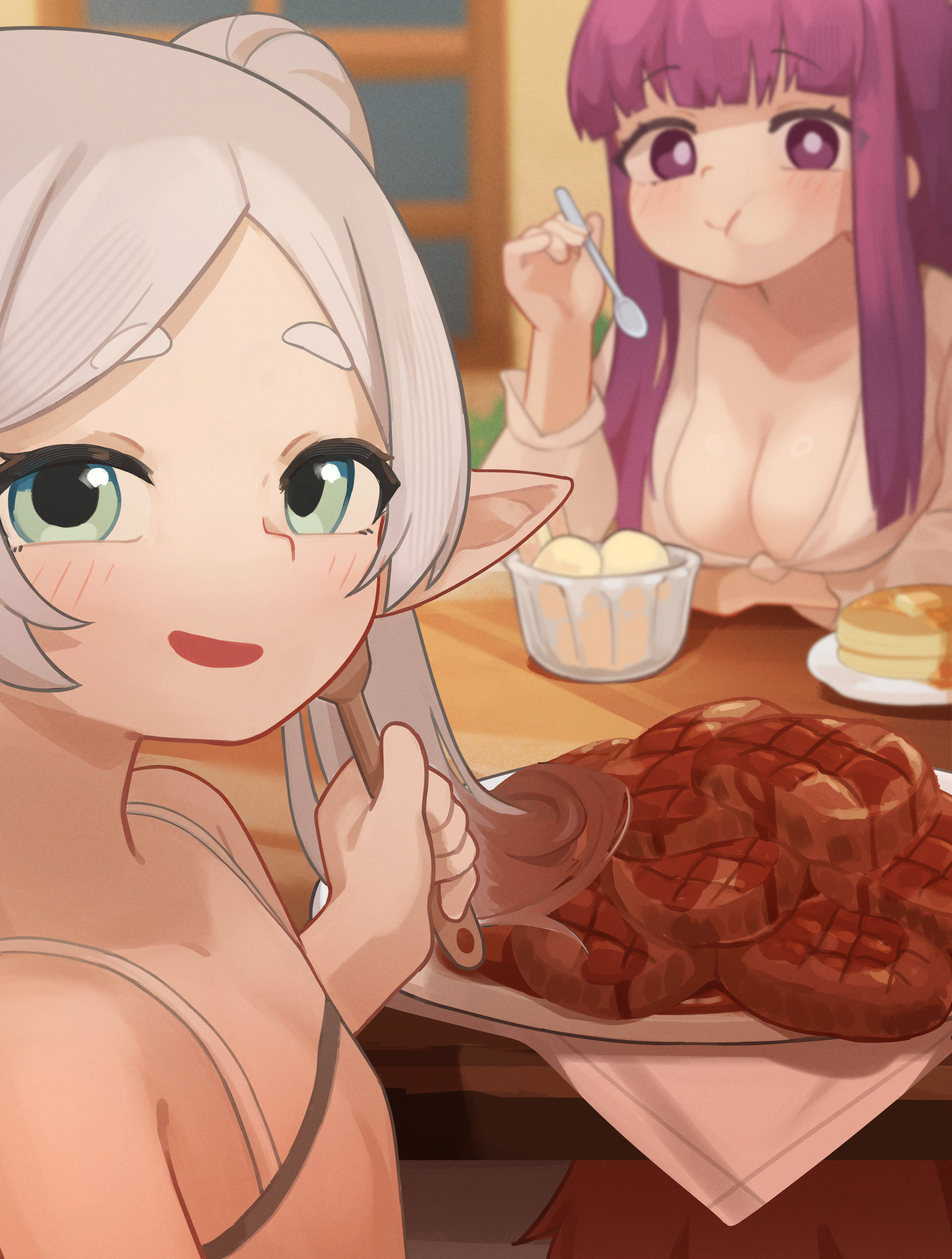 nanachides, fern (sousou no frieren), frieren, sousou no frieren, absurdres, commentary, english commentary, highres, 2girls, breasts, closed mouth, eating, elf, flat chest, food, green eyes, holding, holding spoon, large breasts, long hair, long sleeves, looking at viewer, meat, multiple girls, open mouth, pointy ears, purple eyes, purple hair, shirt, spoon, thick eyebrows, twintails, white shirt
