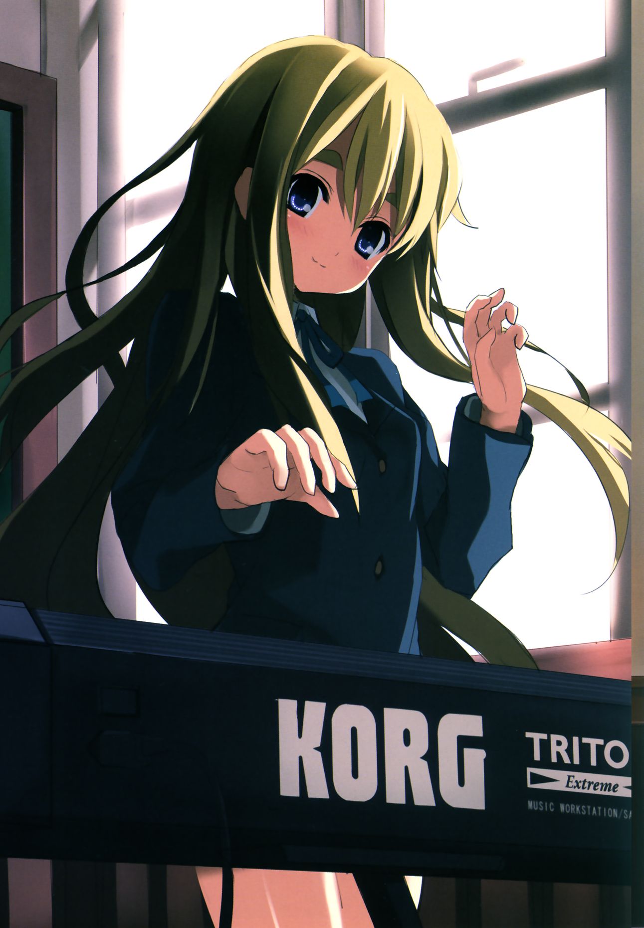 shino (eefy), kotobuki tsumugi, k-on!, highres, 00s, 1girl, blonde hair, blue eyes, female focus, indoors, instrument, school uniform, solo