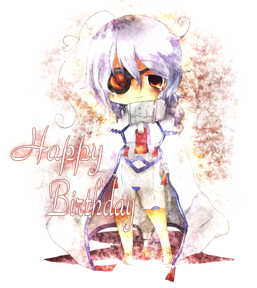 star01, nu-13, arc system works, blazblue, silver hair, 1girl, ahoge, birthday, braid, cape, chibi, eyepatch, female focus, red eyes, solo, tears