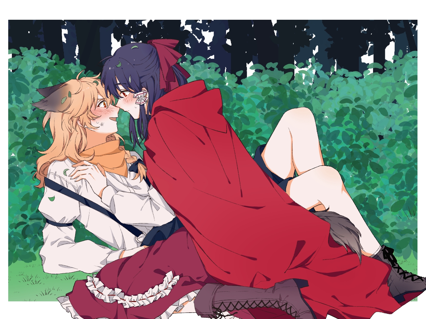 hitte5416, big bad wolf, hakurei reimu, kirisame marisa, little red riding hood (fairy tale character), little red riding hood (fairy tale), touhou, commentary request, 2girls, alternate costume, animal ears, bandana, bandana around neck, big bad wolf (cosplay), black bow, black shorts, blonde hair, blush, boots, bow, brown boots, cloak, cosplay, eye contact, hair bow, hair tubes, high heel boots, high heels, kemonomimi mode, lace-up boots, little red riding hood (fairy tale character) (cosplay), long hair, long sleeves, looking at another, multiple girls, open mouth, orange bandana, red bow, red cloak, red eyes, shirt, shorts, smile, suspender shorts, suspenders, sweatdrop, tail, white shirt, wolf ears, wolf girl, wolf tail, yuri