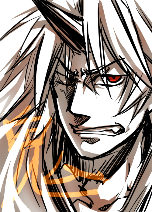 re ghotion, hoshiguma yuugi, touhou, 1girl, angry, clenched teeth, female focus, horns, long hair, monochrome, oni, portrait, red eyes, single horn, solo, teeth