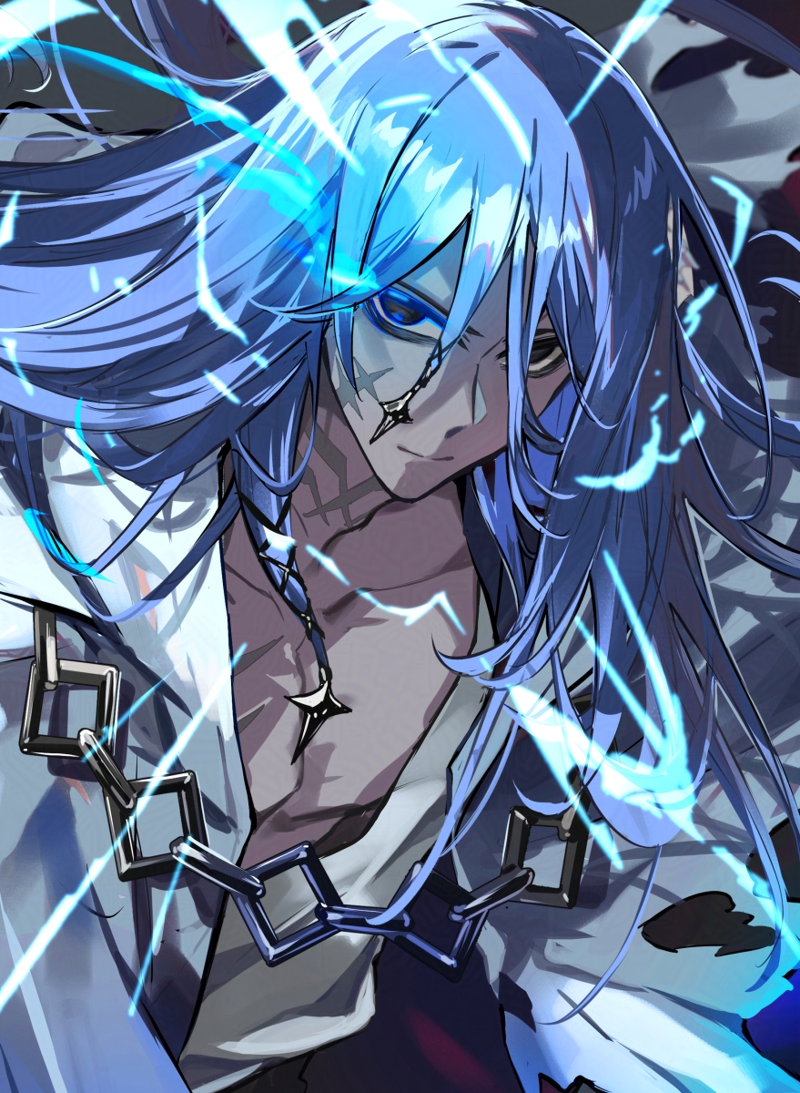 poppoman, fate/grand order, fate (series), commentary request, highres, 1boy, azrael (grand assassin) (fate), bags under eyes, black eyes, blue hair, dark-skinned male, dark skin, facial scar, hair between eyes, hair ornament, lightning, long hair, looking at viewer, male focus, pectorals, robe, scar, scar on cheek, scar on face, scar on neck, smile, solo, upper body