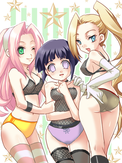 otogi yougi, haruno sakura, hyuuga hinata, yamanaka ino, naruto (classic), naruto (series), striped legwear, bad id, bad pixiv id, md5 mismatch, 3girls, ass, boots, bra, breasts, cleavage, elbow gloves, gloves, leaning forward, lingerie, multiple girls, one eye closed, striped clothes, striped thighhighs, thighhighs, underwear, wink