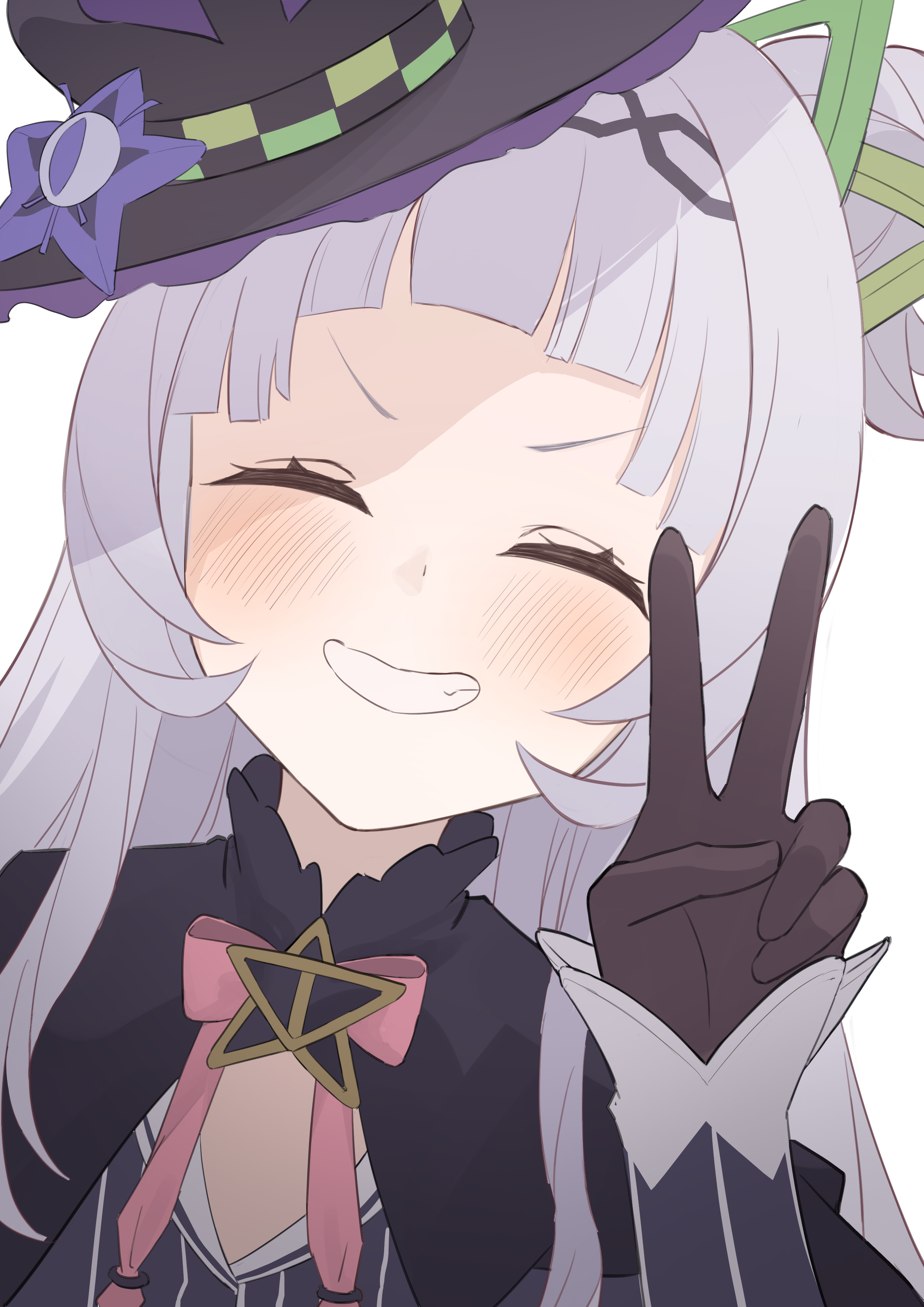 murasaki shion, murasaki shion (1st costume), hololive, absurdres, highres, 1girl, 91 ibu, ^ ^, black capelet, black gloves, black hairband, black hat, blush, brooch, capelet, closed eyes, dutch angle, facing viewer, flat chest, flipped sidelocks, gloves, grey hair, grin, hair bun, hairband, hand up, hat, hat ornament, jewelry, long hair, long sleeves, pink ribbon, pinstripe pattern, portrait, red ribbon, ribbon, short bangs, side up bun, simple background, single side bun, sleeves past wrists, smile, solo, star (symbol), star brooch, star hat ornament, straight hair, tilted headwear, v, v-neck, v-shaped eyebrows, virtual graduation commemoration, virtual youtuber, white background