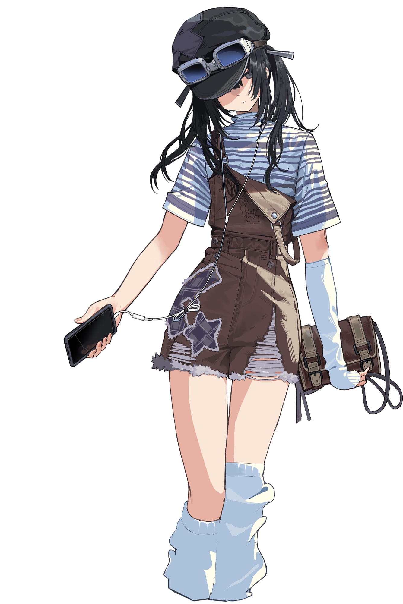 kurobe nanoka, mahou shoujo no majo saiban, chinese commentary, commentary request, highres, 1girl, alternate costume, bag, black hair, black hat, brown shorts, casual, closed mouth, cropped legs, earphones, expressionless, goggles, goggles on headwear, grey eyes, hat, hat over one eye, holding, holding bag, holding phone, leg warmers, long hair, looking at viewer, overall shorts, overalls, phone, shirt, shorts, socks, solo, standing, striped clothes, striped shirt, torn clothes, torn shorts, twintails, white background, white shirt, white socks, yang yu sanjiao