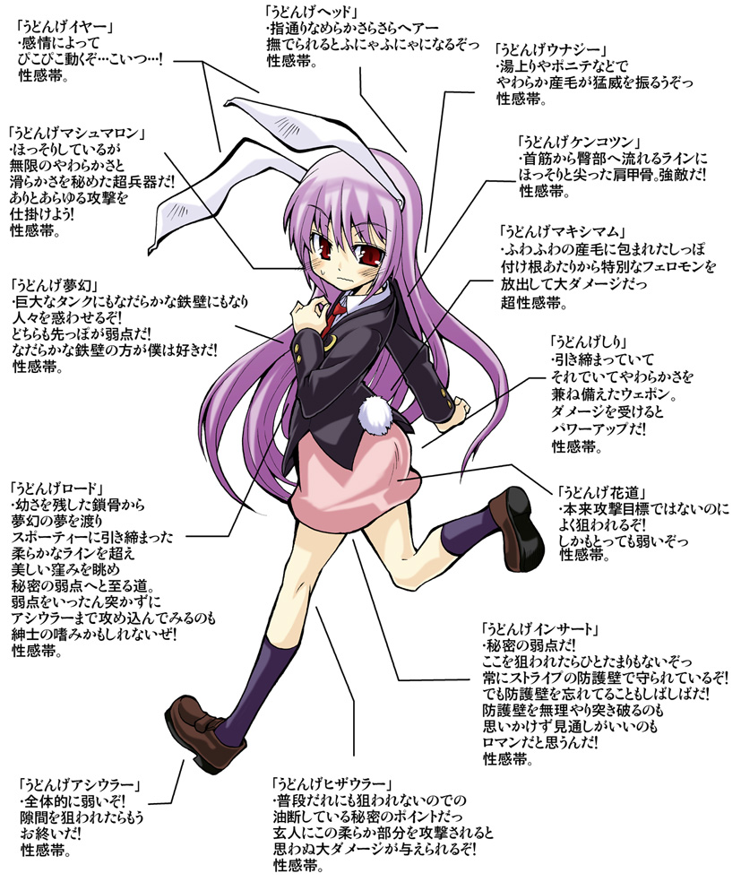 hoshino souichirou, reisen udongein inaba, touhou, translation request, 1girl, animal ears, blazer, blush, diagram, female focus, jacket, long hair, necktie, purple hair, rabbit ears, red eyes, running, solo, tail, uncommon stimulation, wavy mouth
