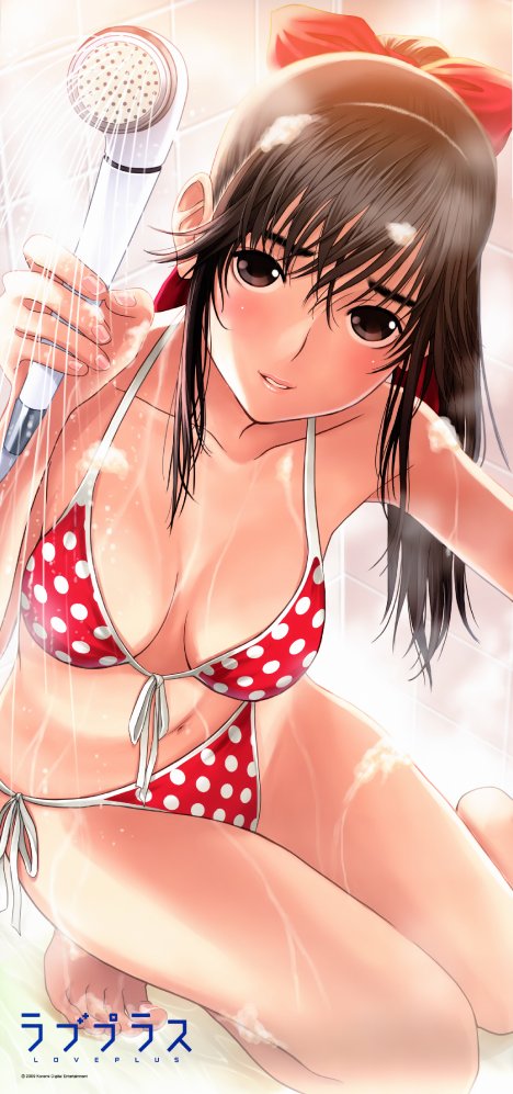 love plus, 1girl, bikini, brown hair, female focus, polka dot, red theme, ribbon, showering, solo, swimsuit, wet