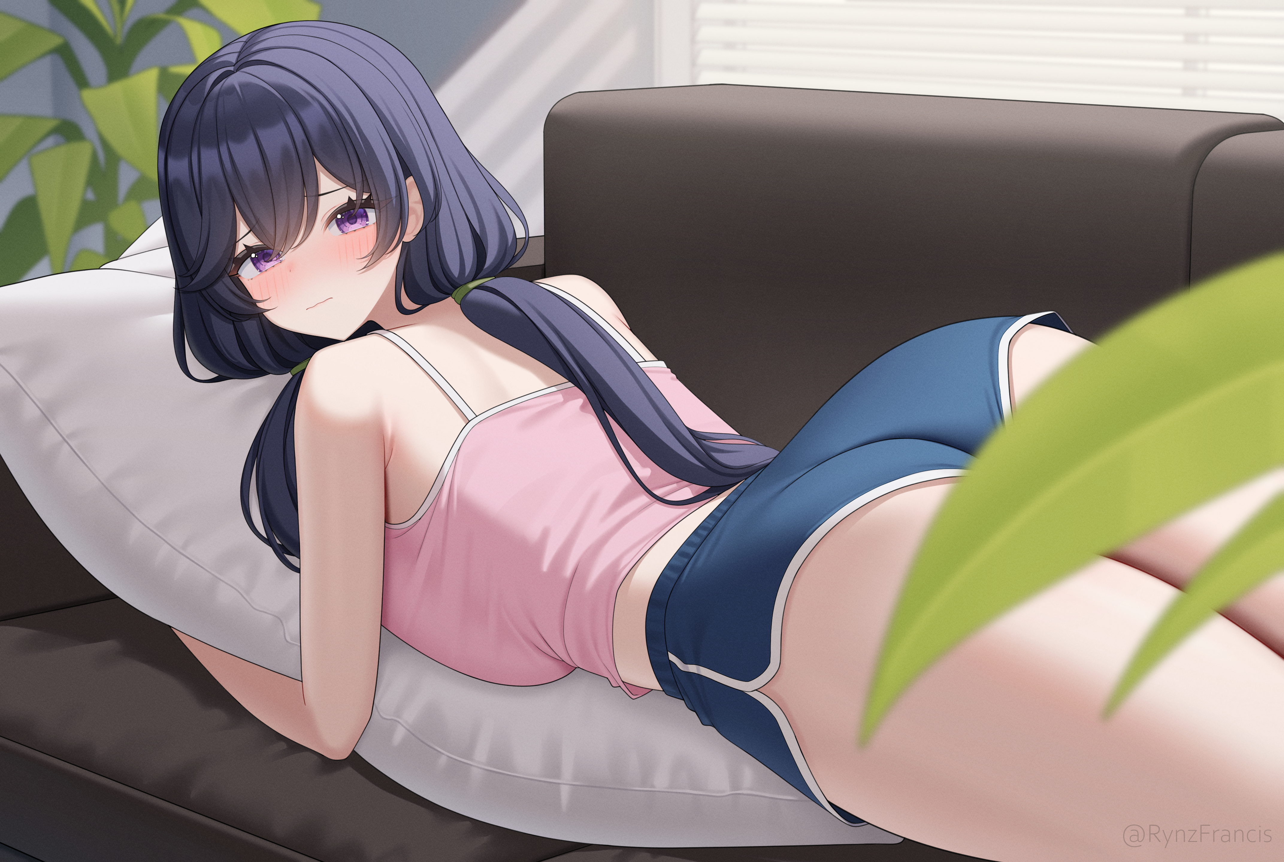 rynzfrancis, lotta (girls' frontline 2), girls' frontline, girls' frontline 2: exilium, absurdres, commentary, english commentary, highres, 1girl, ass, blue hair, blue shorts, blurry, blush, breasts, camisole, closed mouth, couch, curtains, day, depth of field, dolphin shorts, flower, hair between eyes, hair flower, hair ornament, hugging object, indoors, large breasts, leaf, light rays, long hair, looking at viewer, lying, on couch, on stomach, pillow, pillow hug, pink camisole, plant, potted plant, purple eyes, purple hair, shorts, solo, spaghetti strap, tank top, twintails, window