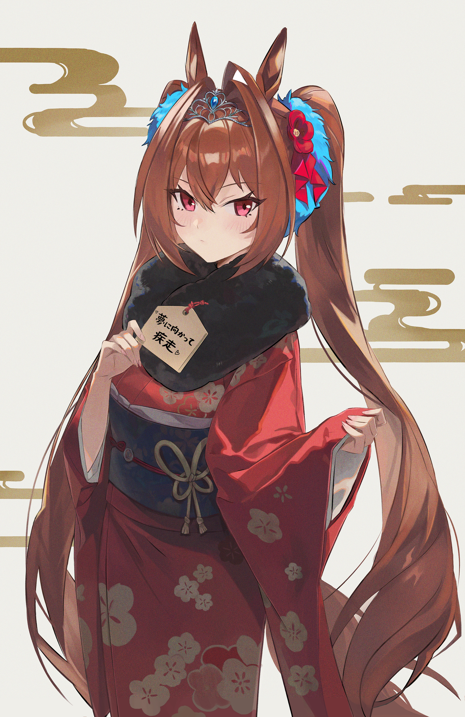 yui35, daiwa scarlet (umamusume), umamusume, commentary request, highres, 1girl, animal ears, blush, breasts, brown hair, closed mouth, ema, floral print, floral print kimono, fur-trimmed kimono, fur trim, hair between eyes, hair intakes, holding, holding ema, horse ears, horse girl, horse tail, japanese clothes, kimono, long hair, long sleeves, looking at viewer, print kimono, red eyes, red kimono, solo, tail, tiara, twintails, very long hair, wide sleeves