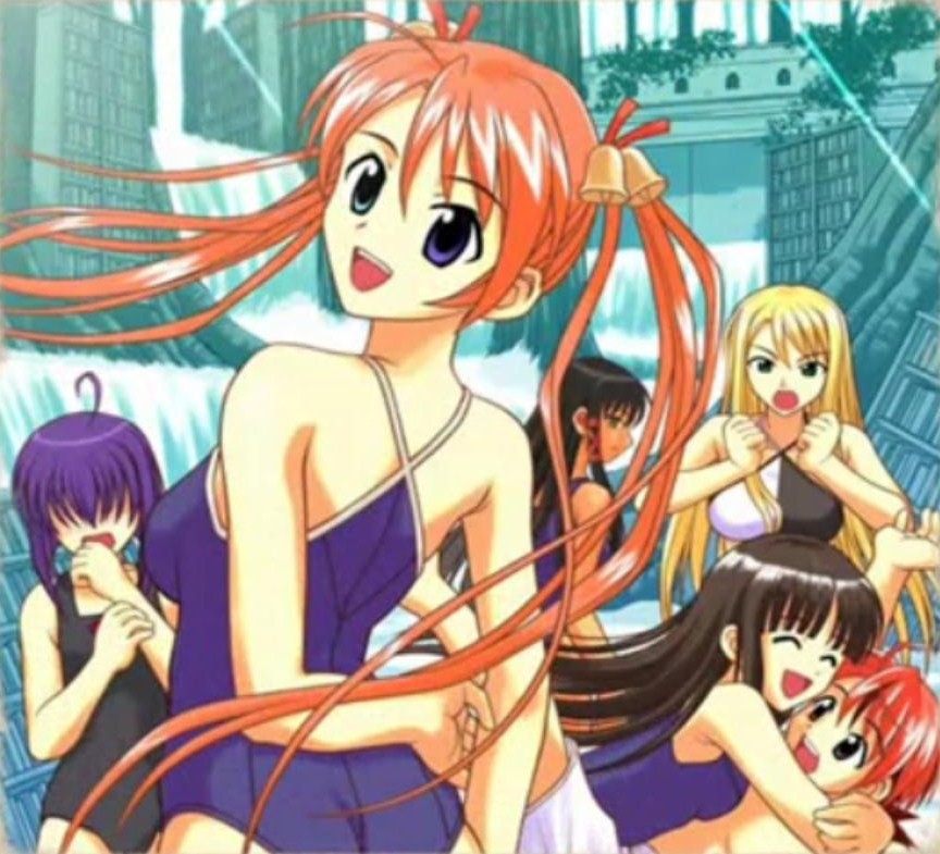 akamatsu ken, kagurazaka asuna, konoe konoka, miyazaki nodoka, negi springfield, tatsumiya mana, yukihiro ayaka, mahou sensei negima!, 00s, 1boy, 5girls, bell, black hair, blonde hair, blue hair, book, brown hair, dark skin, multiple girls, red hair, swimsuit, water, waterfall