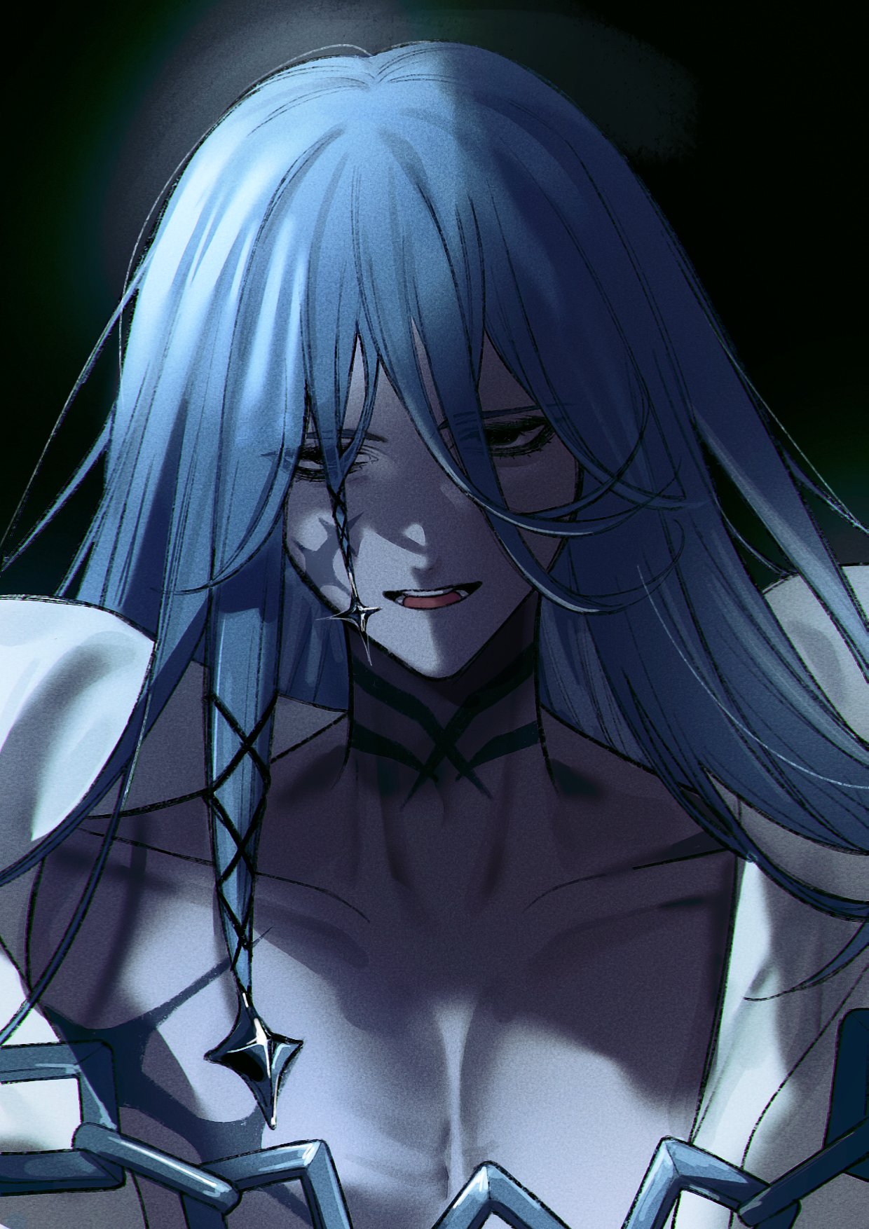 fate/grand order, fate (series), commentary request, highres, 1boy, 96taki 5, azrael (grand assassin) (fate), bags under eyes, black background, black eyes, blue hair, colored skin, dark-skinned male, dark skin, facial scar, grey skin, hair between eyes, hair ornament, long hair, male focus, open mouth, pectorals, scar, scar on cheek, scar on chest, scar on face, scar on neck, smile, solo, upper body