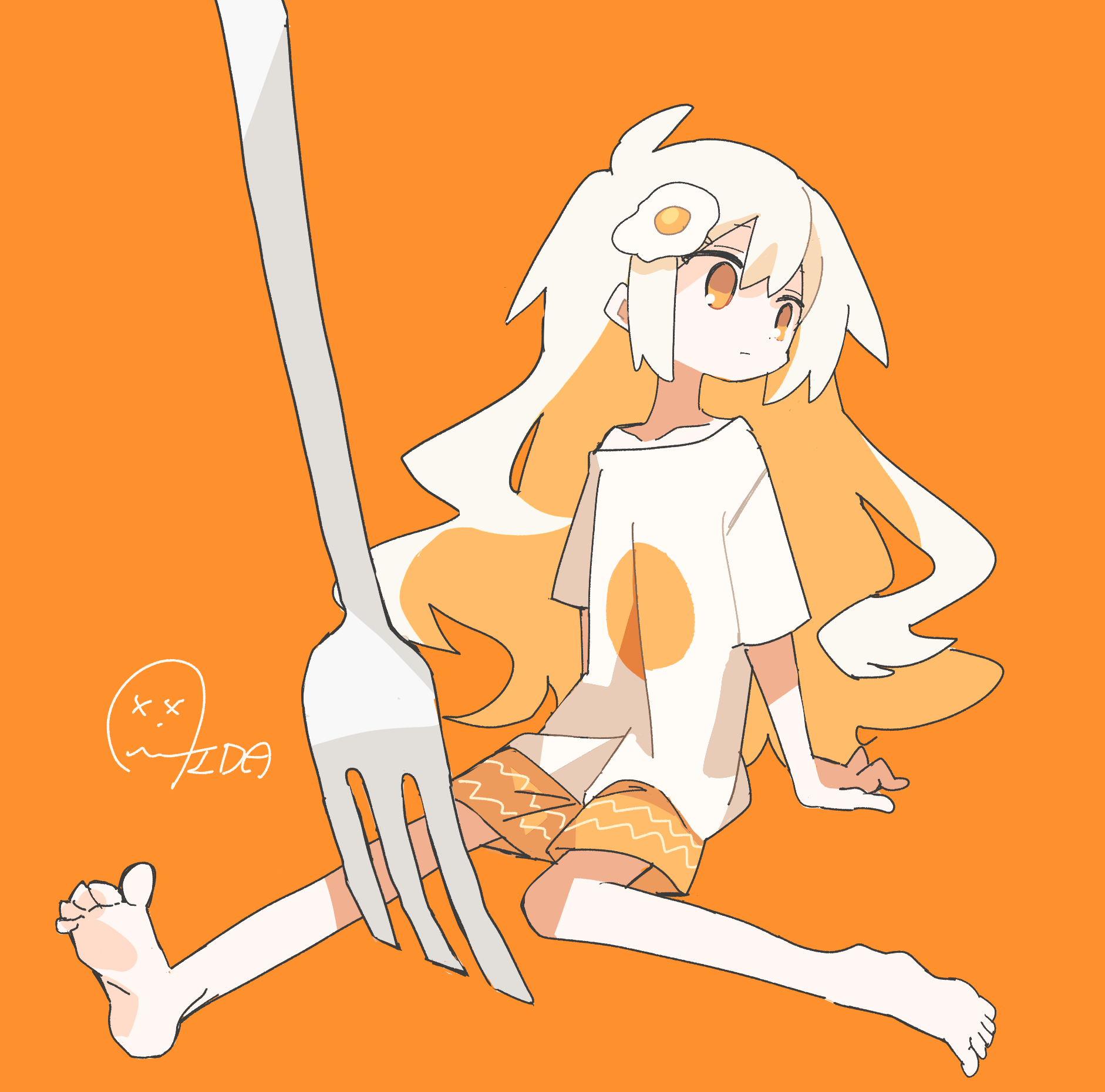 aida (aidia), original, commentary request, highres, 1girl, barefoot, closed mouth, collarbone, dot nose, double-parted bangs, egg hair ornament, food-themed hair ornament, fork, full body, hair between eyes, hair ornament, long hair, looking to the side, off shoulder, orange background, orange eyes, orange shorts, planted fork, shirt, short sleeves, shorts, sidelocks, signature, simple background, single bare shoulder, sitting, solo, white hair, white shirt