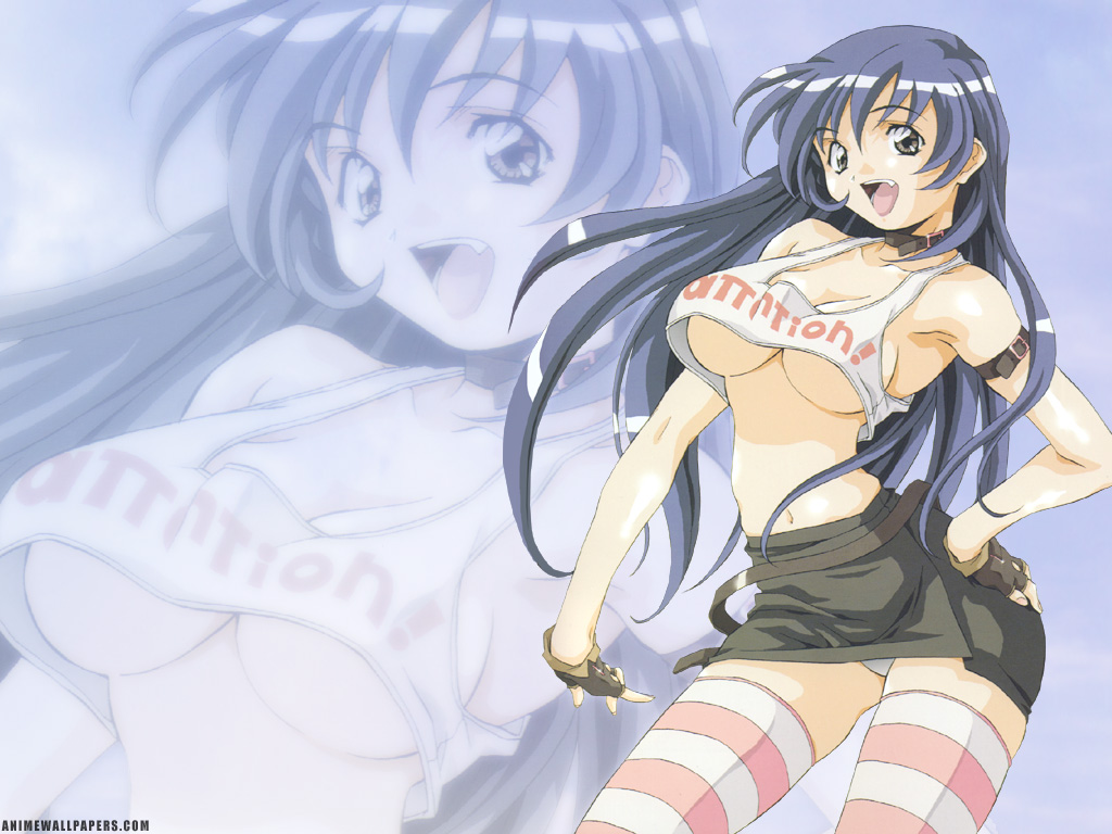 eyebrows, tagme, 1girl, blue hair, breasts, collar, fang, female focus, fingerless gloves, gloves, long hair, navel, open mouth, solo, striped clothes, striped thighhighs, teeth, text focus, thighhighs, watermark, web address, zoom layer