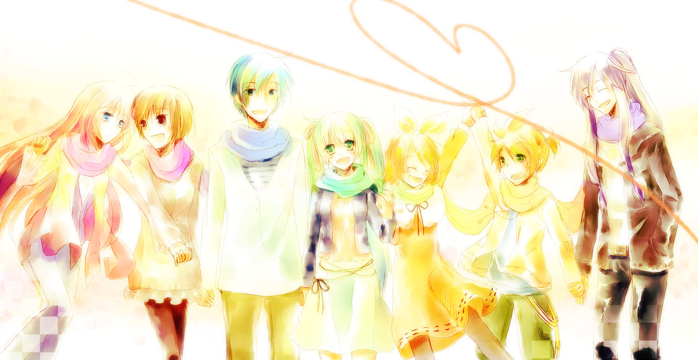 toono aoi, hatsune miku, kagamine len, kagamine rin, kaito (vocaloid), kamui gakupo, megurine luka, meiko (vocaloid), vocaloid, 3boys, 4girls, blonde hair, blue hair, blush, brown hair, closed eyes, holding hands, long hair, multiple boys, multiple girls, open mouth, pantyhose, ponytail, purple hair, scarf, short hair, skirt, smile, twintails