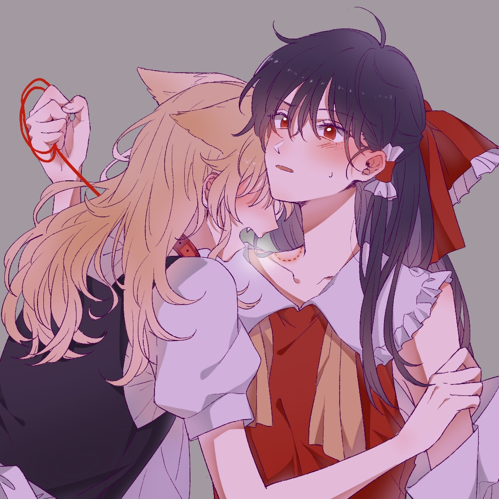 hitte5416, hakurei reimu, kirisame marisa, touhou, commentary request, 2girls, animal collar, animal ears, bite mark, bite mark on neck, black vest, blonde hair, blush, bow, breath, brown hair, collar, detached sleeves, dog ears, dog girl, frilled bow, frilled hair tubes, frills, hair bow, hair tubes, holding, holding leash, kemonomimi mode, leash, long hair, multiple girls, puffy short sleeves, puffy sleeves, red bow, red collar, red eyes, short sleeves, sweatdrop, vest, yuri