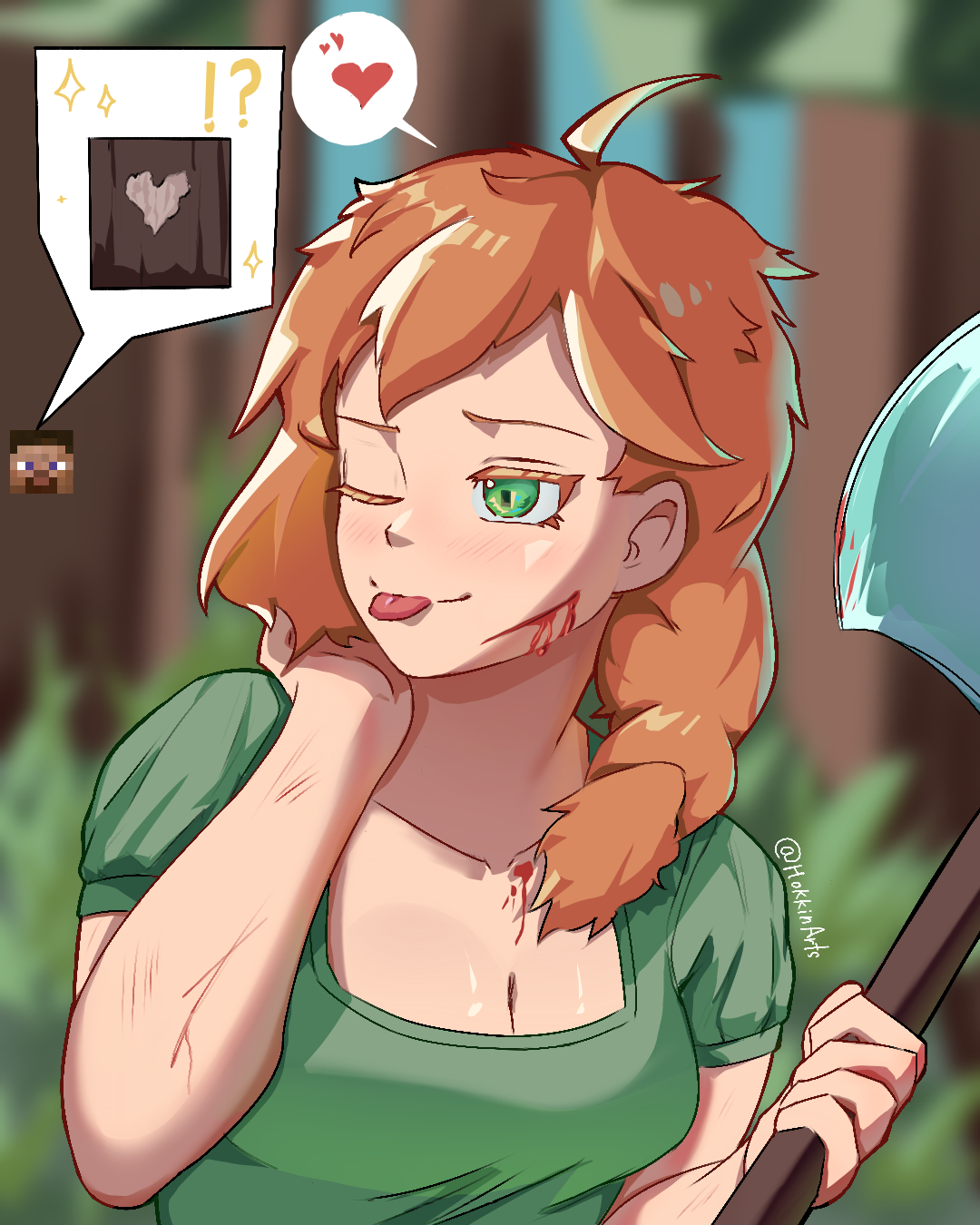 alex (minecraft), steve (minecraft), minecraft, commentary, commentary request, english commentary, highres, mixed-language commentary, !?, 1boy, 1girl, :p, ahoge, artist name, axe, blood, blood on axe, blood on chest, blood on face, blue sky, breasts, bruise, cleavage, closed mouth, collarbone, forest, green eyes, green shirt, hands up, heart, hokkinarts, holding, holding axe, injury, medium breasts, medium hair, messy hair, nature, one eye closed, orange hair, out of frame, outdoors, shirt, short sleeves, side ponytail, sky, solo, sparkle, speech bubble, spoken heart, tongue, tongue out, twitter username, upper body