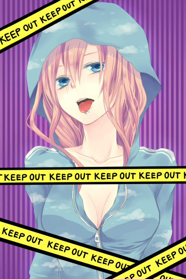 chiyu (silverxxxx), megurine luka, vocaloid, bad id, bad pixiv id, 1girl, blue eyes, breasts, caution tape, cleavage, female focus, hood, hoodie, keep out, long hair, open mouth, piercing, pink hair, solo, tongue, tongue piercing