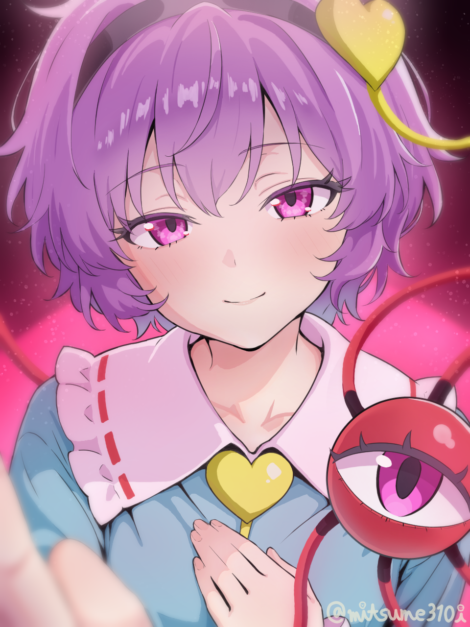 komeiji satori, touhou, commentary request, highres, 1girl, black hairband, blue shirt, blush, buttons, closed mouth, collarbone, collared shirt, eyeball, frilled shirt collar, frills, hairband, heart button, looking at viewer, mitsume310i, pink eyes, pink hair, ribbon-trimmed collar, ribbon trim, shirt, solo, third eye, twitter username