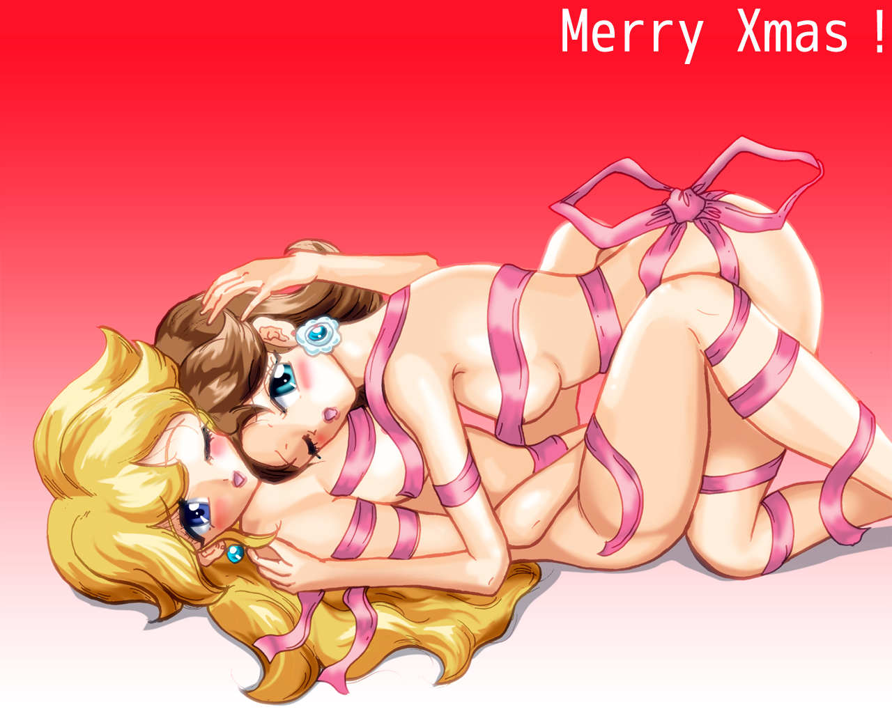 tansoku102cm, princess daisy, princess peach, mario (series), nintendo, super mario bros. 1, super mario land, 2girls, blonde hair, blue eyes, blush, brown hair, christmas, multiple girls, yuri