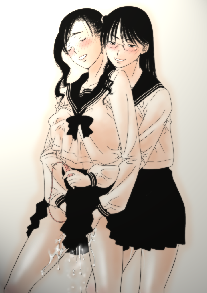 gusu, original, 2girls, black hair, blush, couple, glasses, long hair, monochrome, multiple girls, pink theme, pussy juice, school uniform, sepia, sex toy, skirt, vibrator, yuri