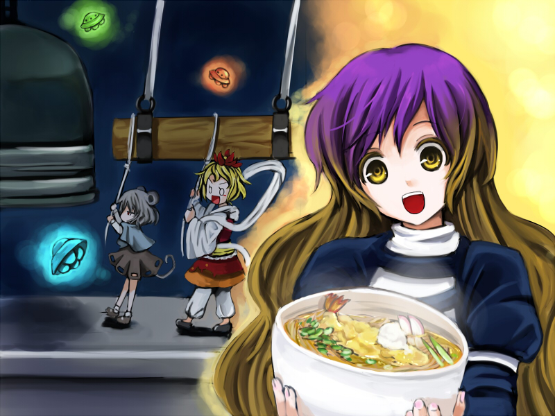 watase-ya, watase rei, hijiri byakuren, nazrin, toramaru shou, touhou, bad id, bad pixiv id, 3girls, female focus, multicolored hair, multiple girls, ufo, yellow eyes