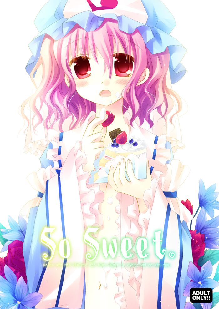 sakurazawa izumi, saigyouji yuyuko, touhou, light purple hair, 1girl, cake, cover, dress, female focus, flower, food, fruit, hat, open clothes, open dress, open mouth, pastry, pink hair, red eyes, short hair, solo, strawberry, white background