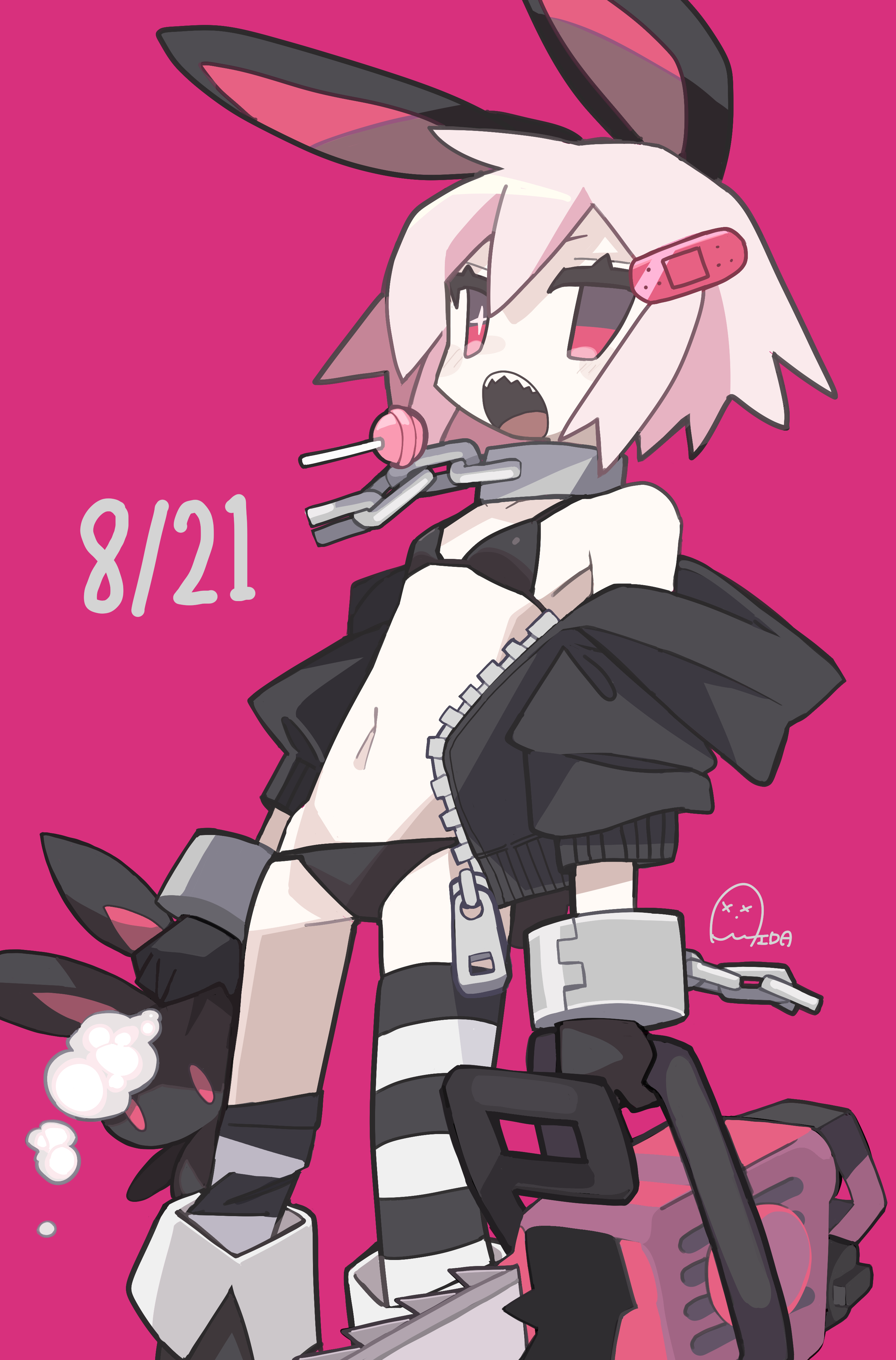aida (aidia), original, absurdres, commentary request, highres, 1girl, animal ears, bandaid, bandaid hair ornament, bikini, black bikini, black boots, black thighhighs, blush stickers, boots, candy, chain, chainsaw, collar, dated, double-parted bangs, feet out of frame, fold-over boots, food, hair between eyes, hair ornament, holding, holding chainsaw, holding stuffed toy, knee boots, lollipop, looking at viewer, navel, open mouth, pink background, pink hair, rabbit ears, red eyes, sharp teeth, short hair, signature, simple background, solo, standing, striped clothes, striped thighhighs, stuffed animal, stuffed rabbit, stuffed toy, swimsuit, teeth, thighhighs