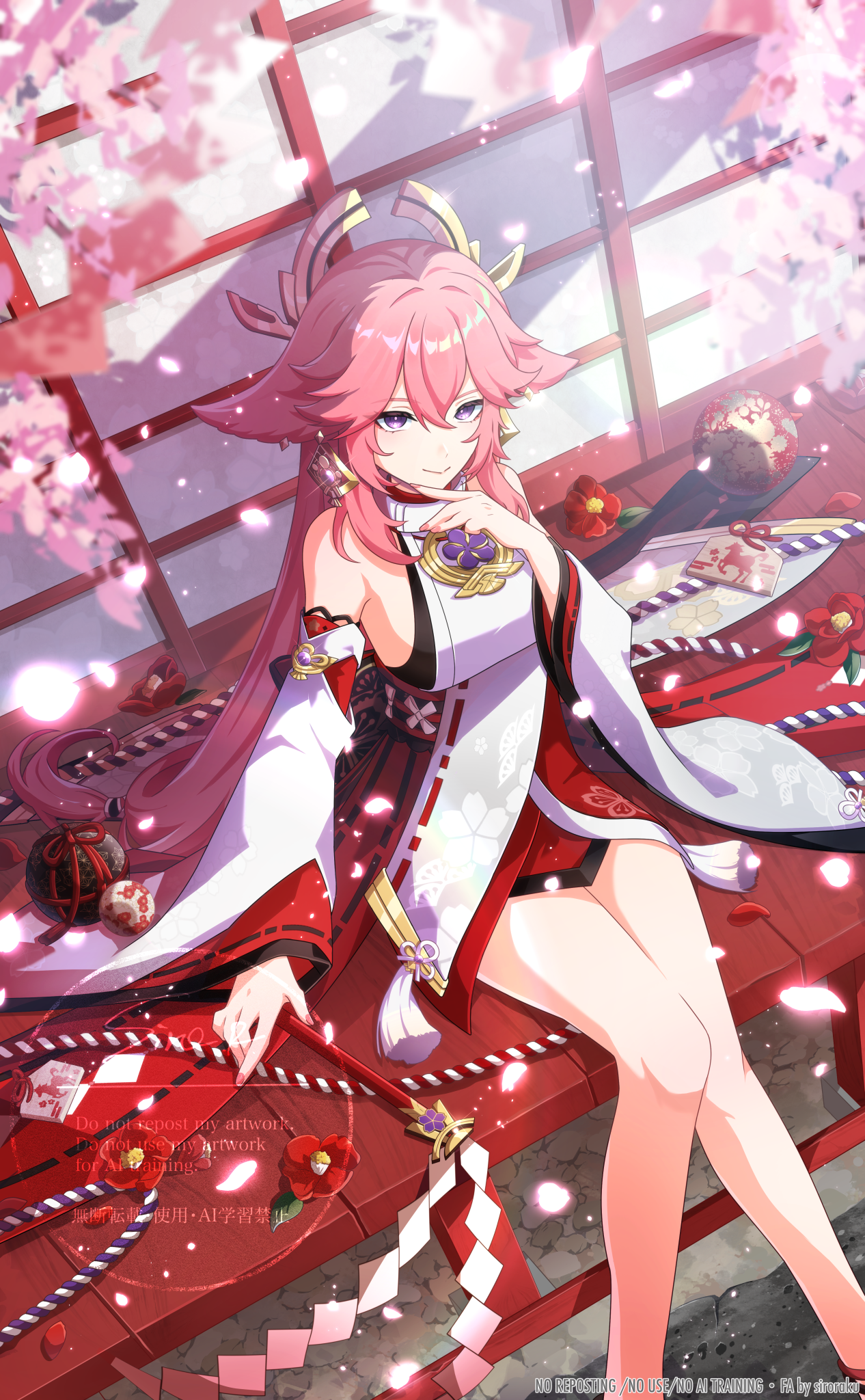 watawata nr (siroraku), yae miko, genshin impact, commentary, highres, 1girl, animal earrings, animal ears, bare legs, bare shoulders, blush, breasts, cherry blossoms, closed mouth, cup, detached sleeves, electro symbol (genshin impact), falling petals, feet out of frame, flower, fox ears, fox girl, gohei, hair between eyes, hair ornament, holding, holding gohei, japanese clothes, large breasts, long hair, long sleeves, looking at viewer, looking up, low-tied long hair, nontraditional miko, petals, pink hair, pink petals, purple eyes, red flower, sakazuki, shirt, sitting, sleeveless, sleeveless shirt, smile, solo, vision (genshin impact), wide sleeves