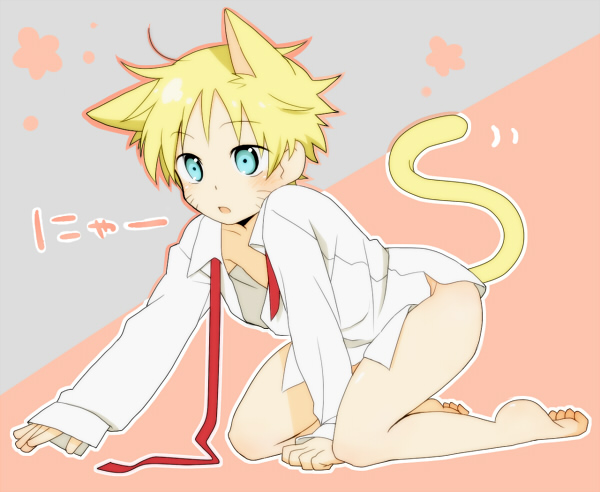 katsuko (naruto), uzumaki naruto, naruto (classic), naruto (series), 1boy, animal ears, aqua eyes, blonde hair, blue eyes, bottomless, cat, cat ears, cat tail, male focus, naked shirt, open clothes, open shirt, paw pose, shirt, shota, solo, tail, trap