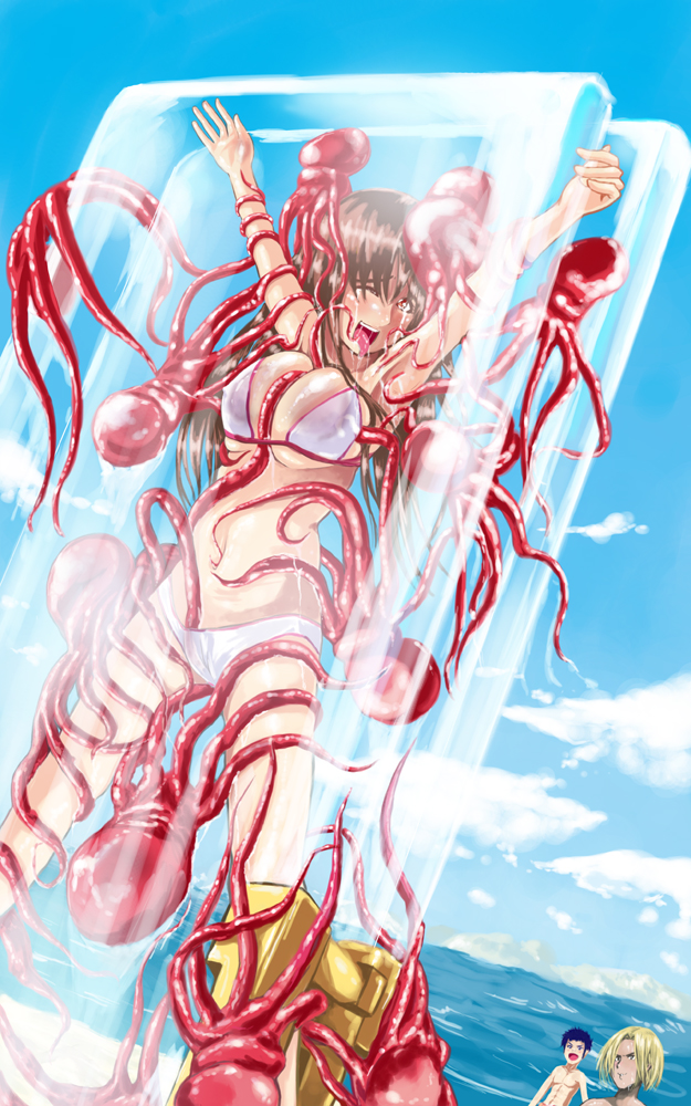 artist request, source request, 1girl, 2boys, ahegao, armpits, bdsm, beach, bikini, bondage, bound, breasts, cloud, day, dutch angle, fucked silly, looking at another, mountainous horizon, multiple boys, navel, navel insertion, ocean, octopus, outdoors, rape, restrained, sideboob, sky, stationary restraints, swimsuit, tentacles, tentacles under clothes, tickle torture, tickling, tickling armpits, tickling breasts, tickling face, tickling legs, tickling navel, tickling pussy, tickling stomach, underboob, white bikini