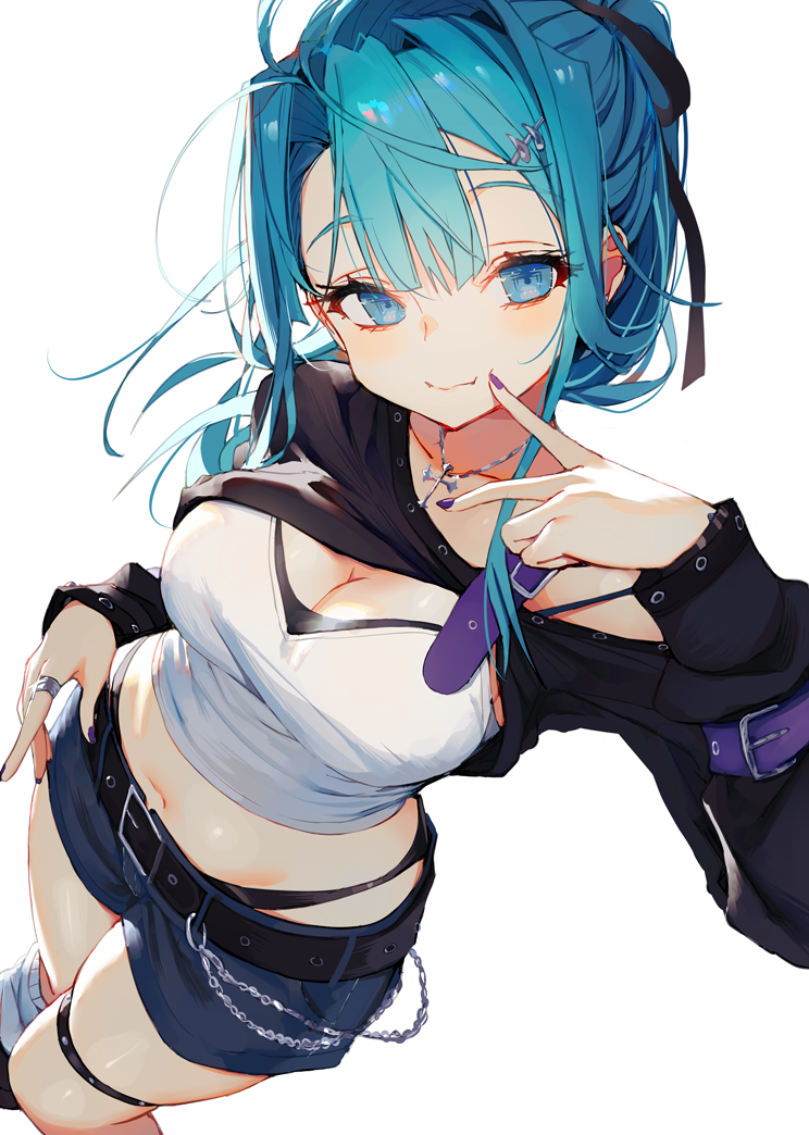 kamizaki hibana, original, commentary, commentary request, 1girl, aqua eyes, aqua hair, belt, blunt bangs, breasts, cleavage, closed mouth, crop top, hair ornament, hair ribbon, hairclip, jewelry, large breasts, long sleeves, looking at viewer, medium hair, midriff, nail polish, navel, necklace, ribbon, ring, short shorts, shorts, simple background, solo, thigh strap, white background