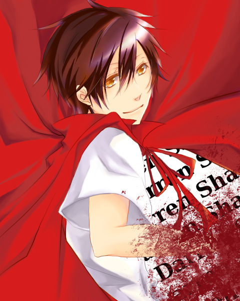 darren shan, the saga of darren shan, 1boy, black hair, blood, blouse, male focus, shirt, solo, white shirt, yellow eyes